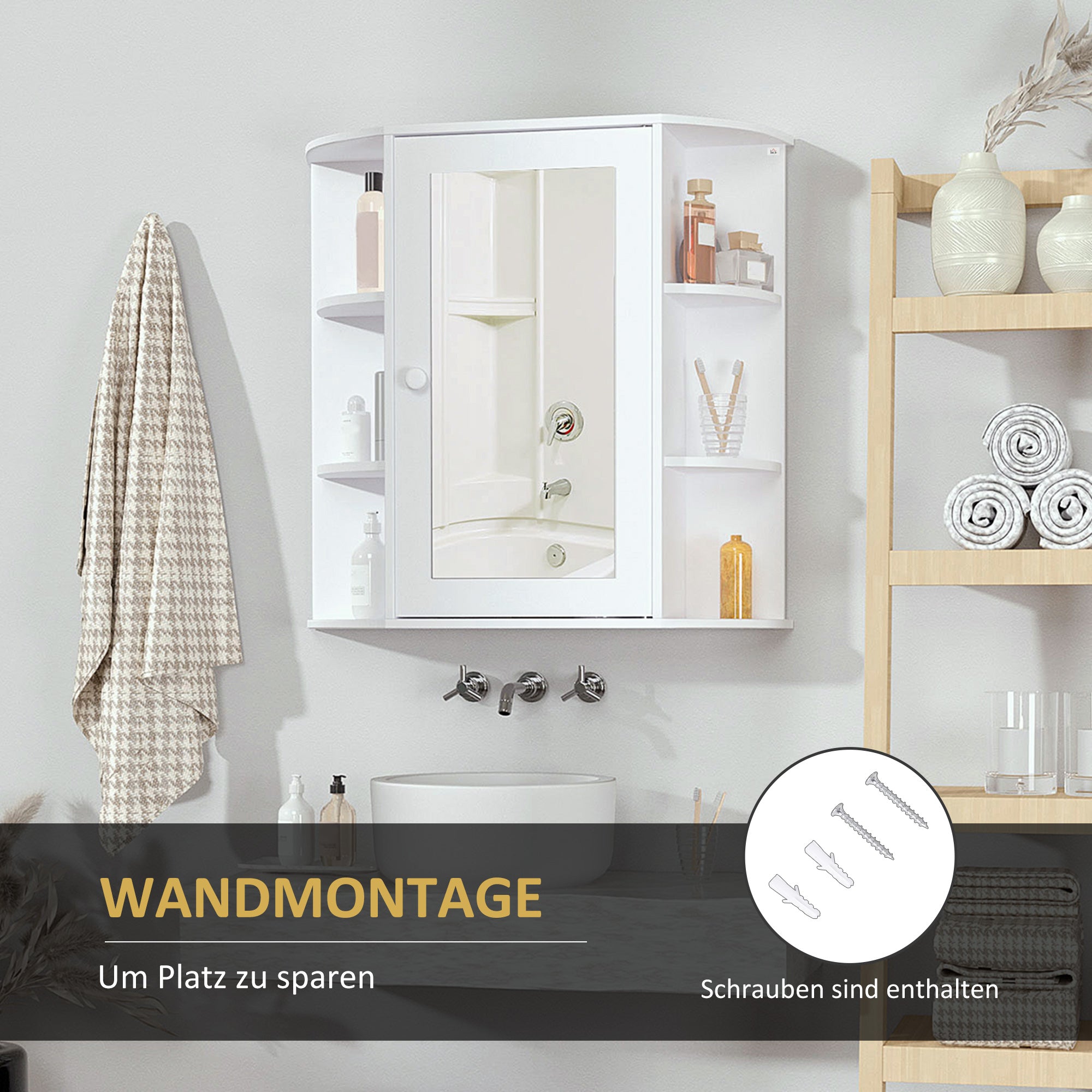 HOMCOM Spiegelschrank Badschrank Badezimmerschrank, 8 Fächer, Spiegeltüren, wasserbeständig, 66 cm x 17 cm x 63 cm, Weiß