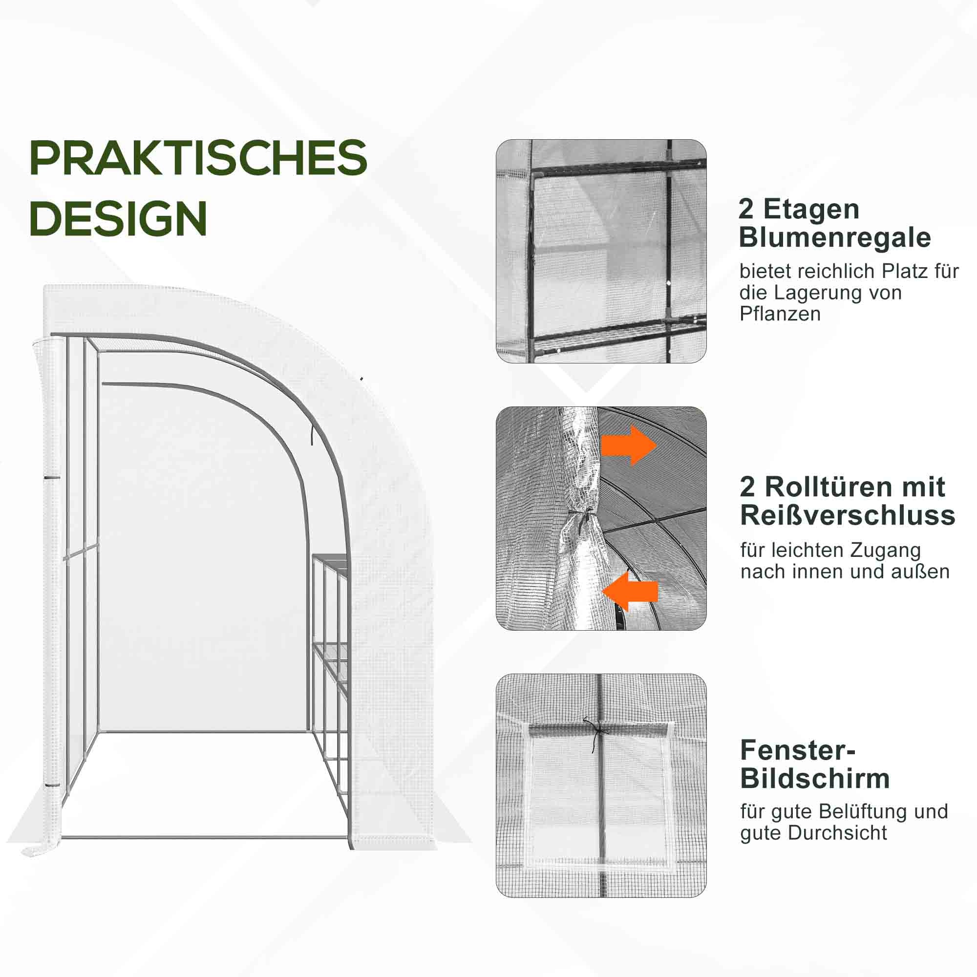 Outsunny Gewächshaus, Gartengewächshaus mit Kunststoff-Abdeckung, UV-beständig, 3 Etagen, Reißverschlusstüren, Weiß