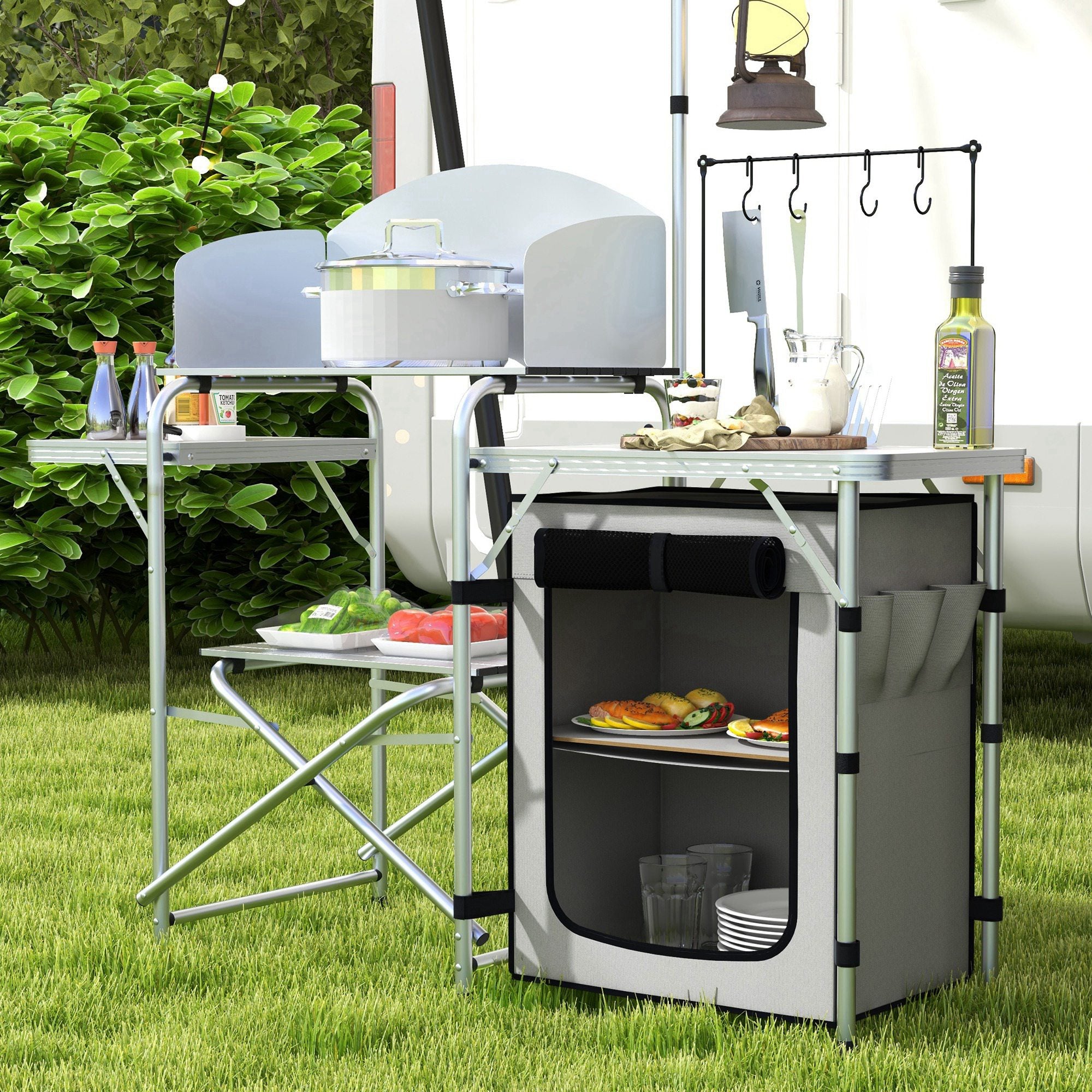 Outsunny Campingküche, faltbar, 3 Arbeitsplatten, Windschutz, Stoffschrank, 144x48x119cm, Silber