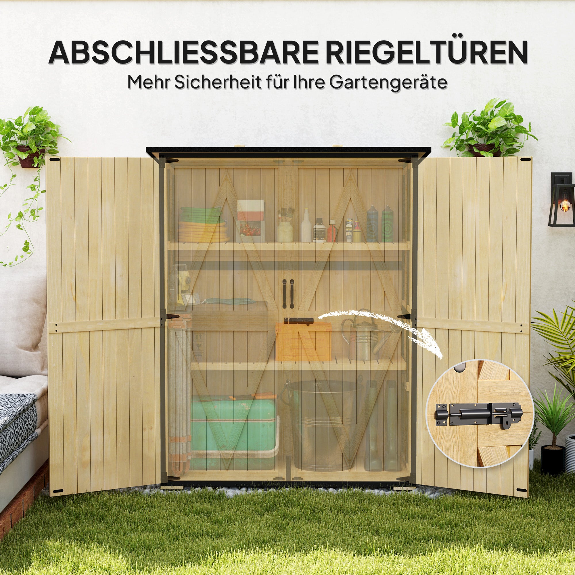 Outsunny Gartenschrank aus Holz und Stahl, Outdoor-Werkzeugschrank mit Asphalt-Dach, 2 Regale, verschließbare Türen, Naturholz