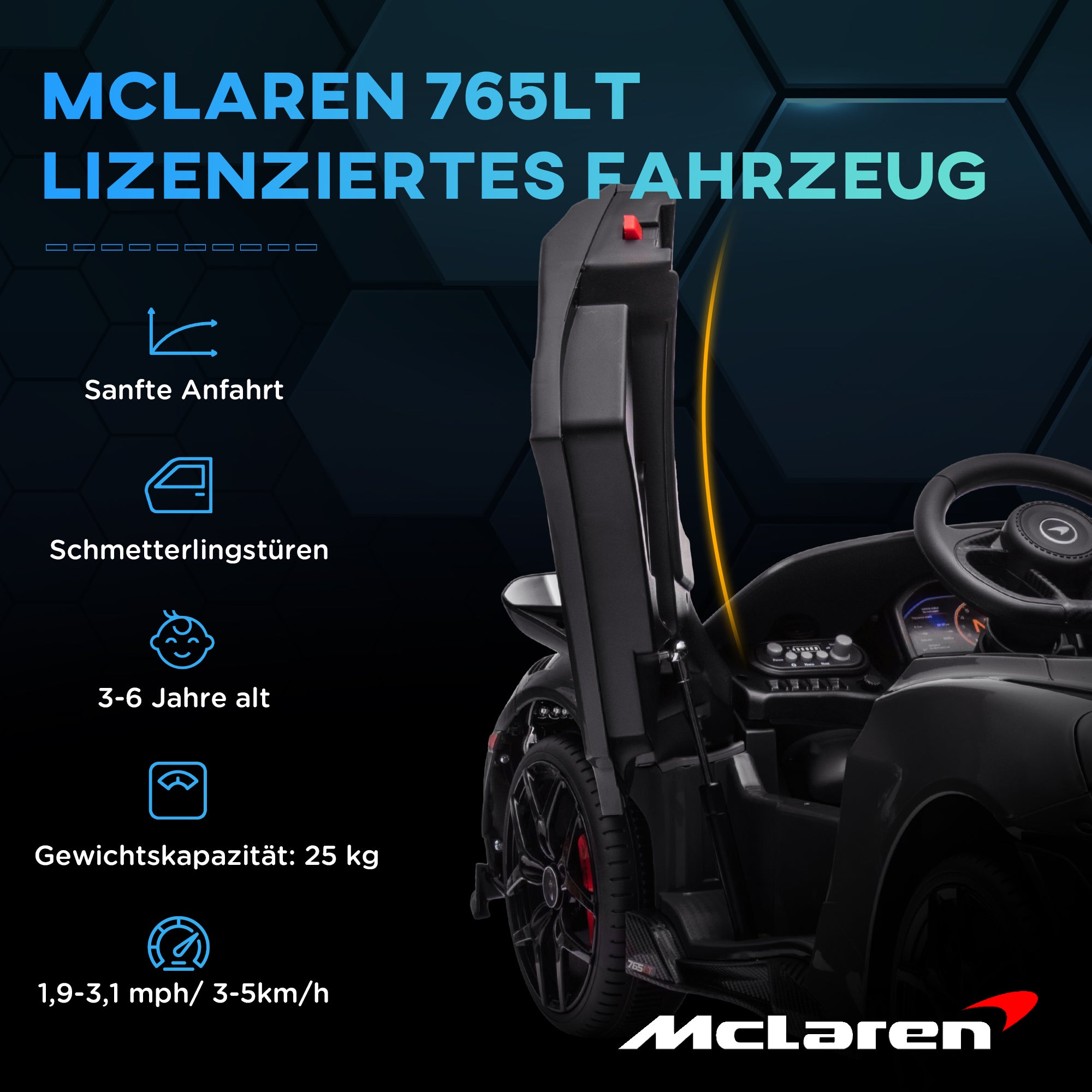 AIYAPLAY Kinder-Elektroauto mit Flügeltüren, fernsteuerbar, mit sanftem Antrieb und LED-Lichtern, Schwarz