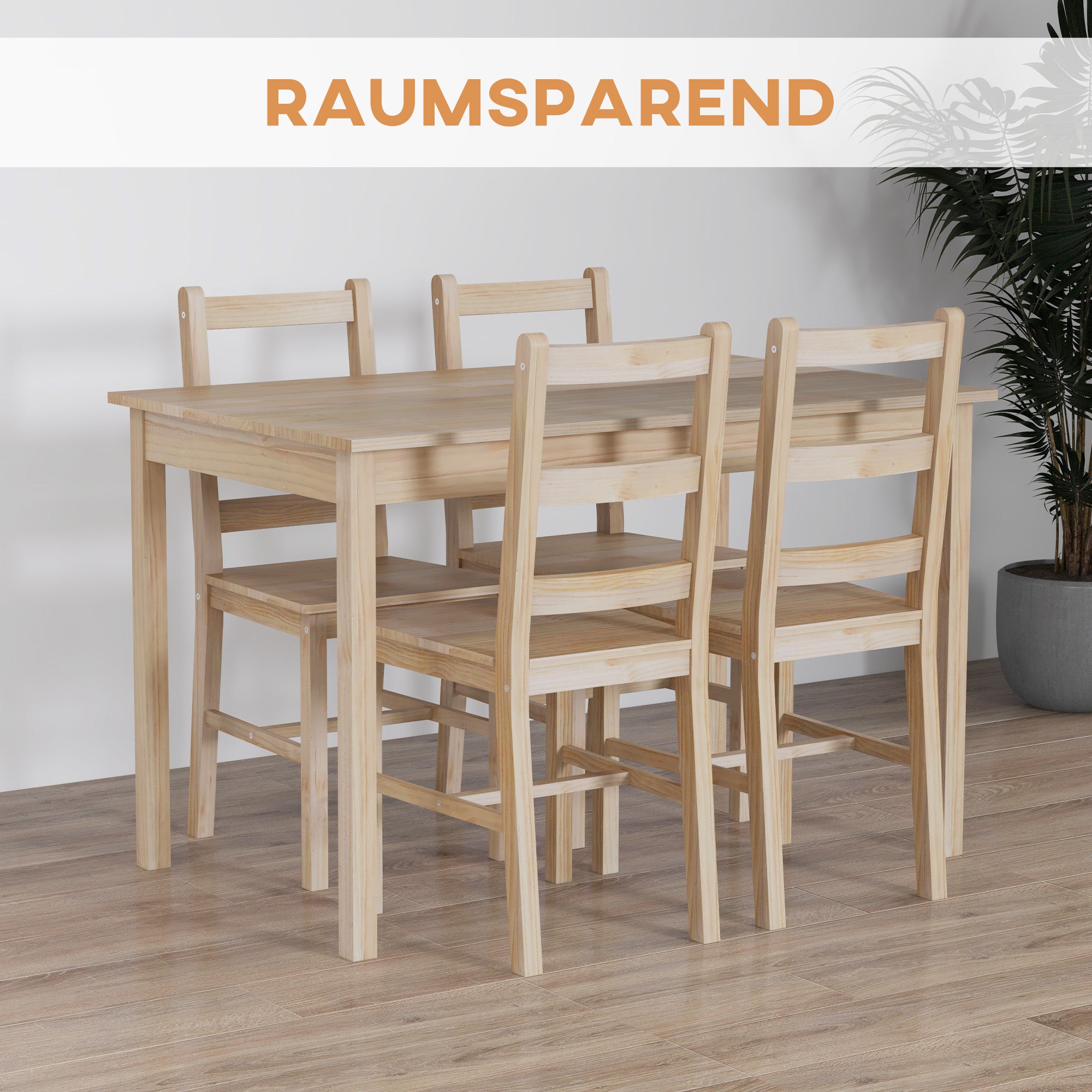 HOMCOM 5-teilige Essgruppe Esstisch mit Stühlen Sitzgruppe, Massivholz, 118 cm x 73 cm x 75 cm, Natur