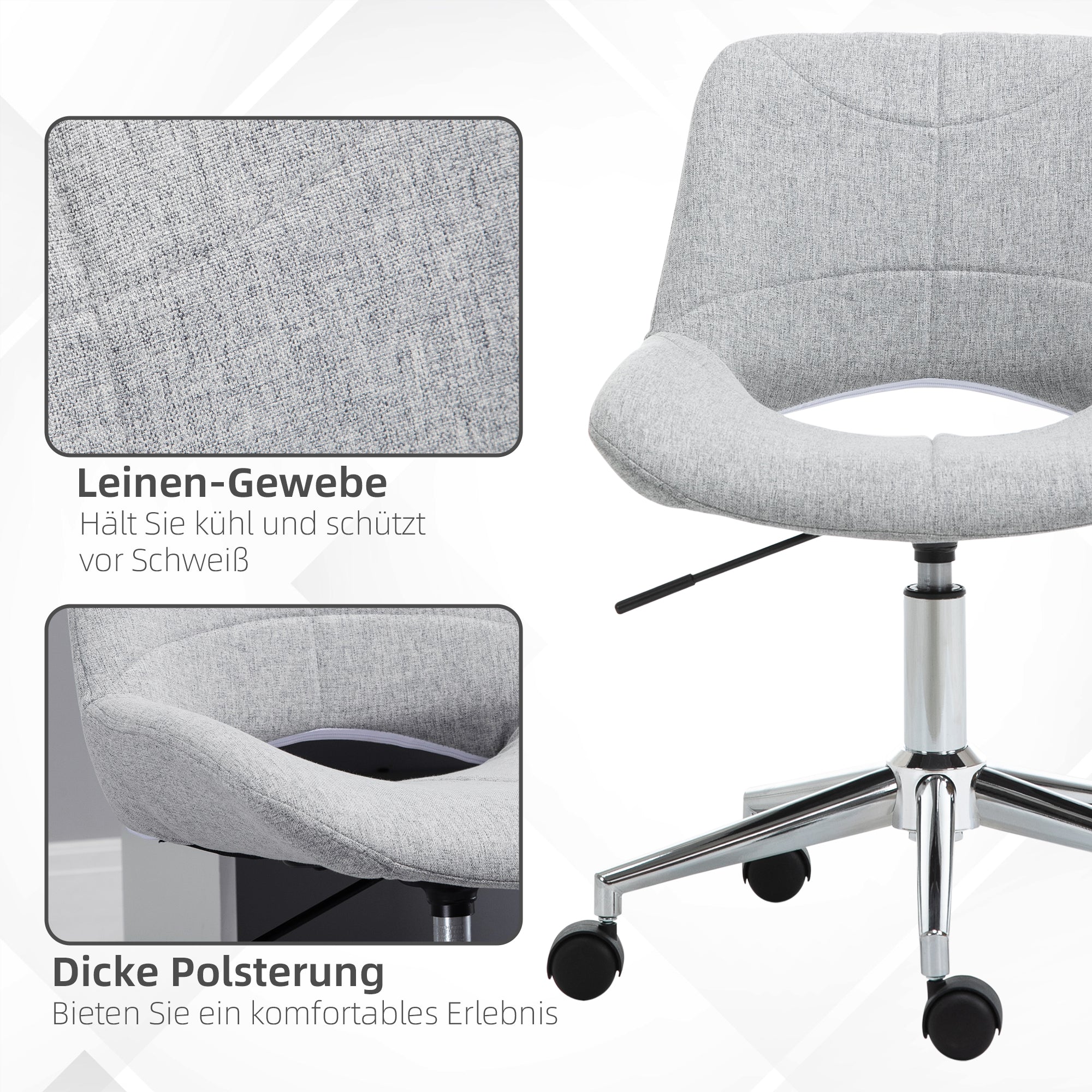HOMCOM Bürostuhl, höhenverstellbar, um 360° drehbar, bis 110 kg, Metallrahmen, hellgrau, 49 x 56,5 x 73-82,5 cm