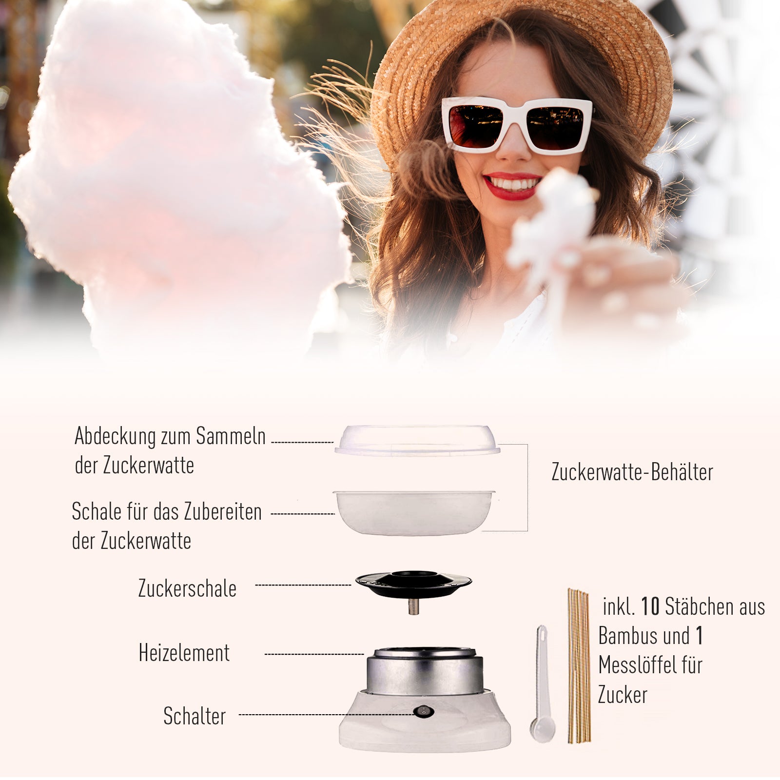 HOMCOM Zuckerwattemaschine, einfach zu bedienendes Zuckerwattegerät, für Erwachsene und Kinder, Edelstahl, PP, Weiß
