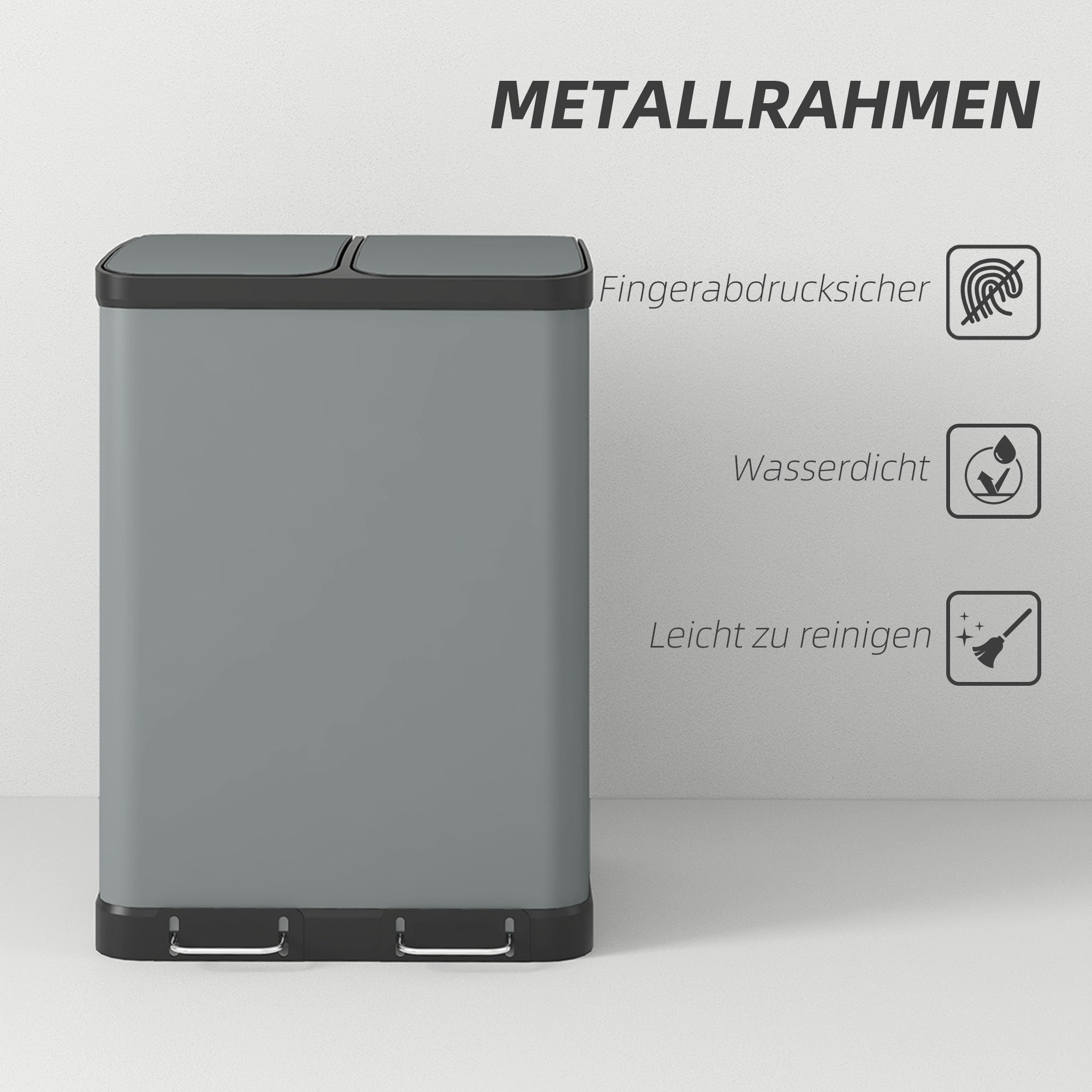 HOMCOM Doppelfach-Mülleimer, 2 x 30L, fingerabdruckresistent, Pedal, herausnehmbare Inneneimer, Grau