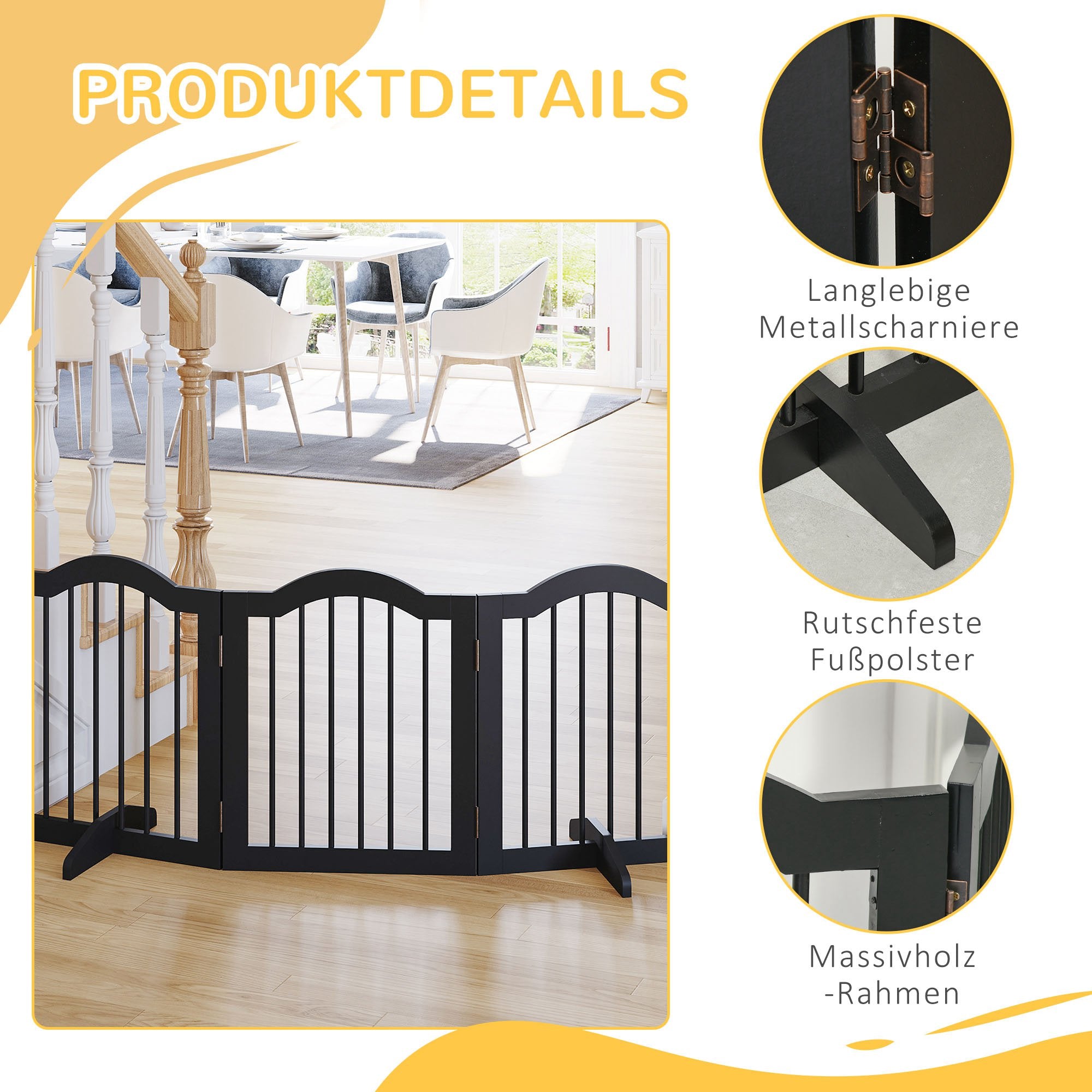 PawHut Absperrgitter Hund 3-teilig, 154,5 x 61 cm Faltbar Hundegitter mit Tür, Türschutzgitter mit 2 Stützfüßen, Freistehend Treppengitter für Küche, Flur, Schwarz