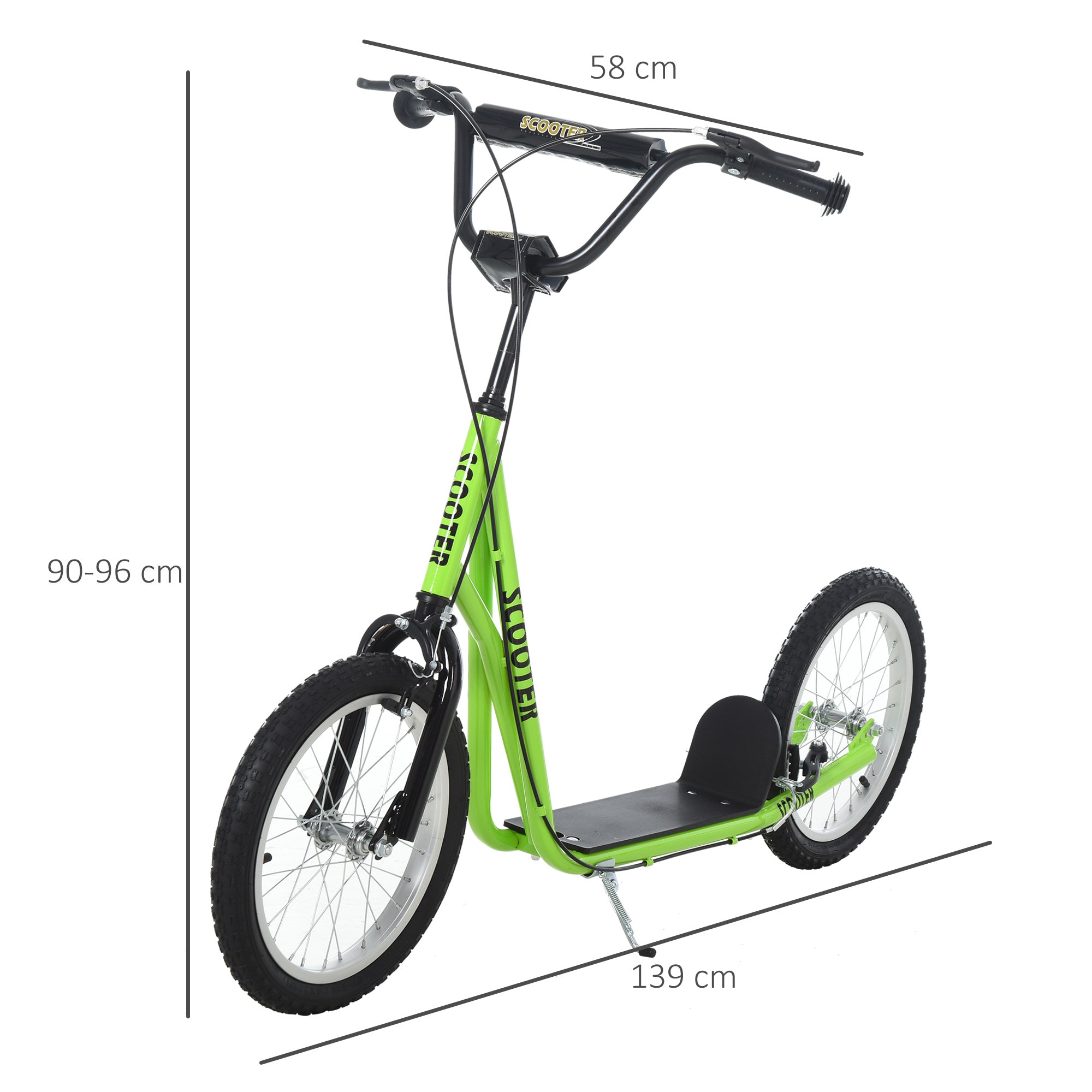 HOMCOM Kinderroller Scooter Tretroller Cityroller Kickscooter Roller Kinder Kickboard mit Luftreifen und Handbremse Scooter Kinder ab 5 Jahre 16 Zoll Grün 139 x 58 x 90-96 cm