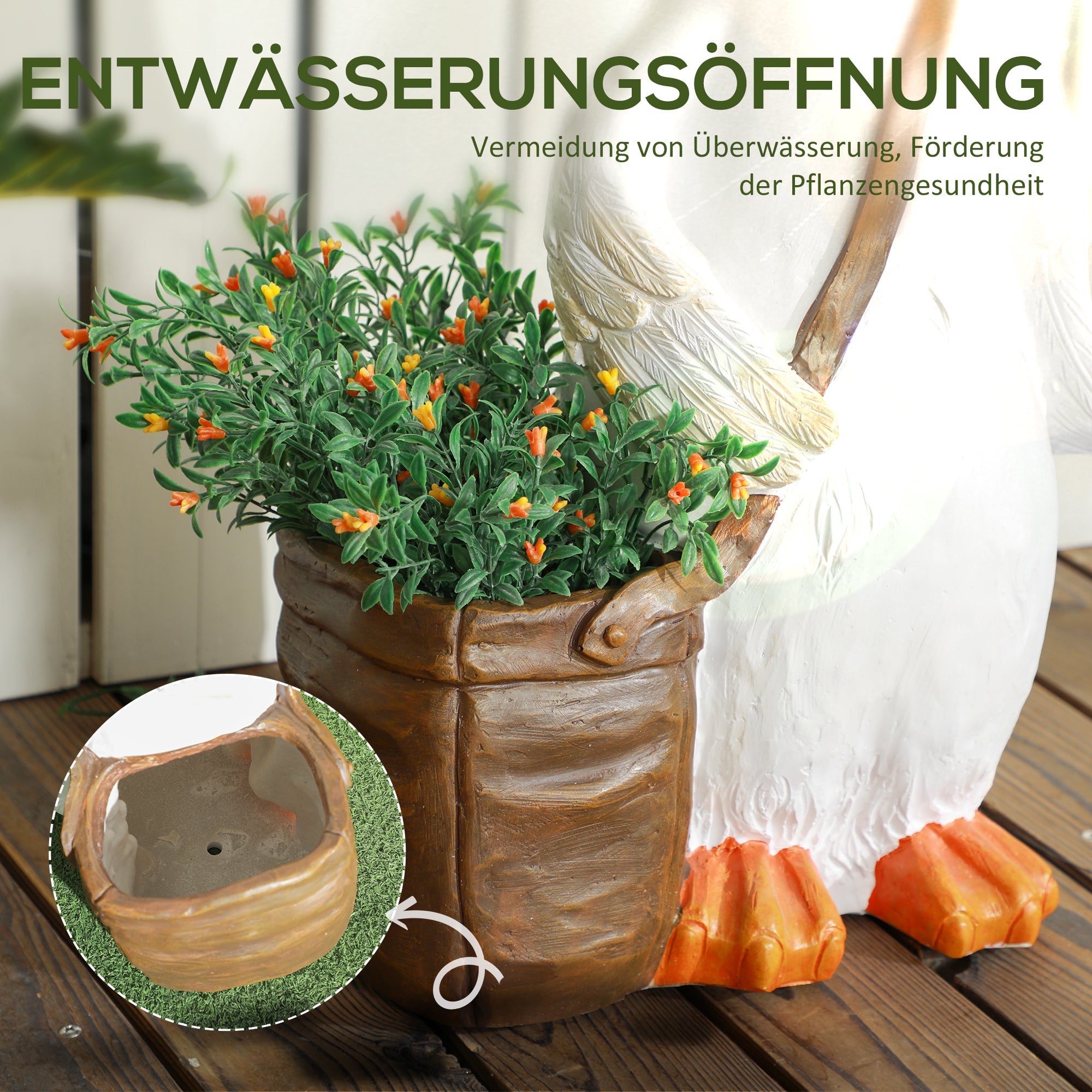 Outsunny Blumentopf, Schwan mit Umhängetasche, wetterfest, 32 x 18 x 60 cm, Weiß, Braun