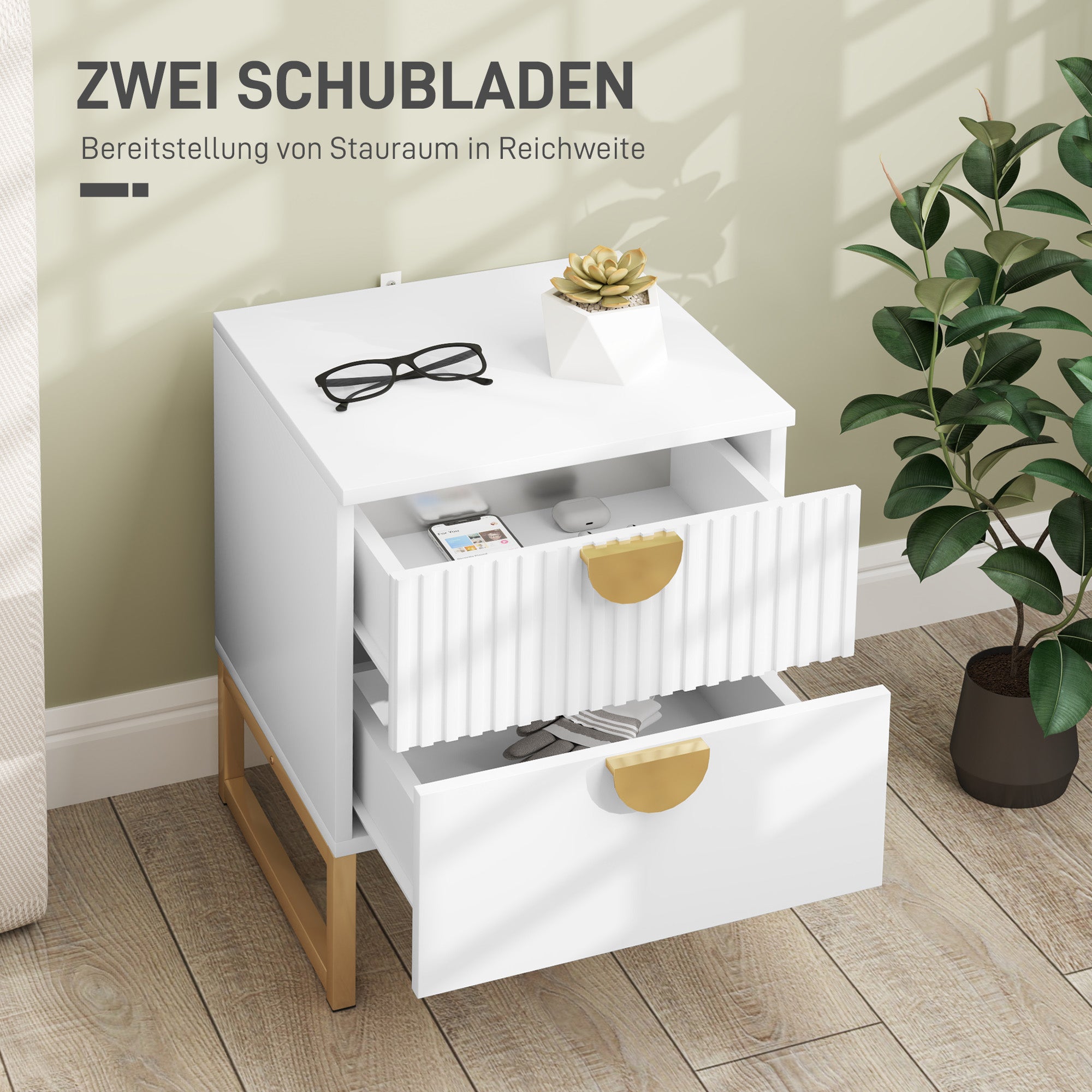 HOMCOM Nachttisch mit 2 Schubladen, elegante Metallgriffe in Gold, 40 x 40 x 50 cm, Weiß