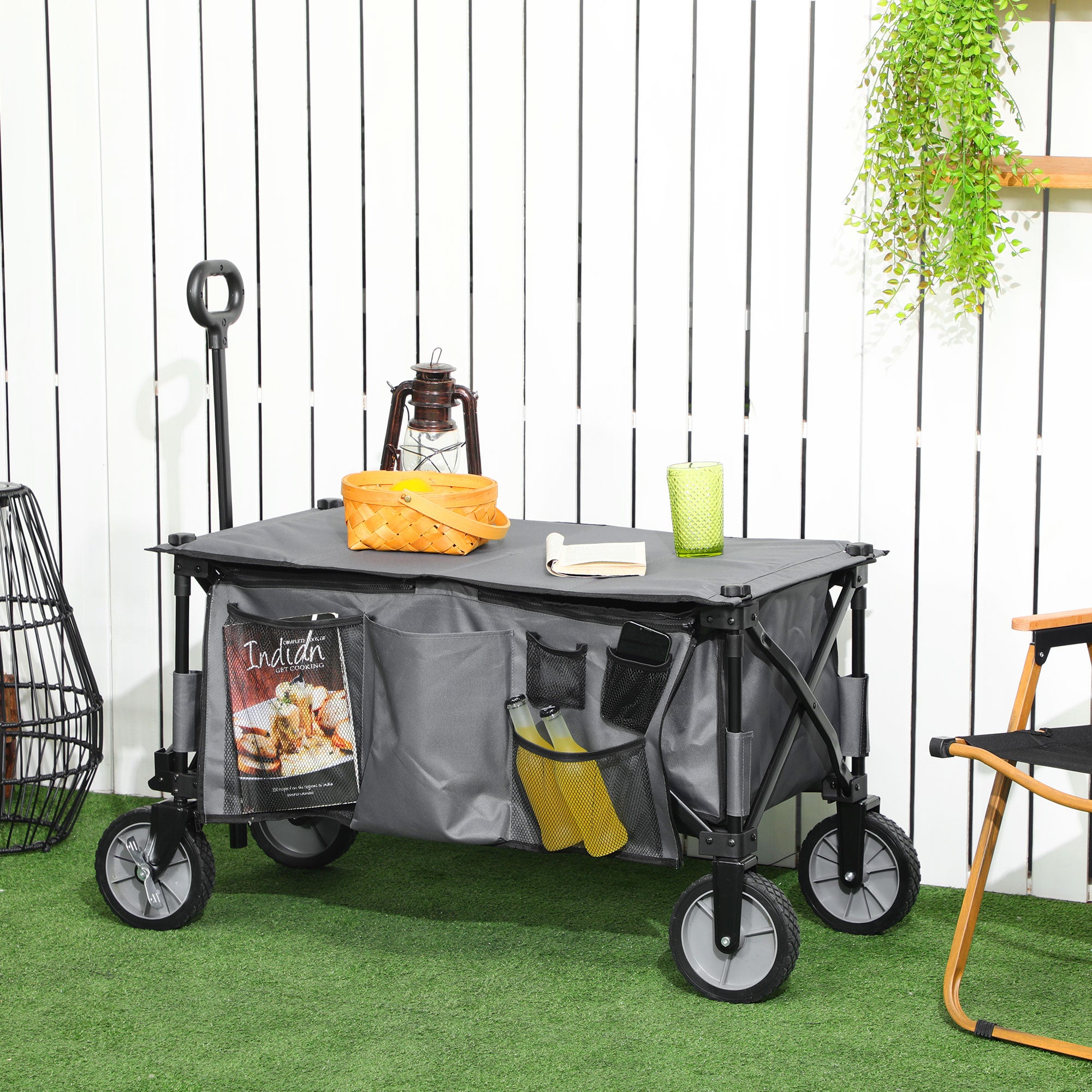 Outsunny Bollerwagen, klappbar, 5 Seitentaschen, verstellbarer Griff, bis 120 kg, Stahl, dunkelgrau, 100 x 55 x 93 cm