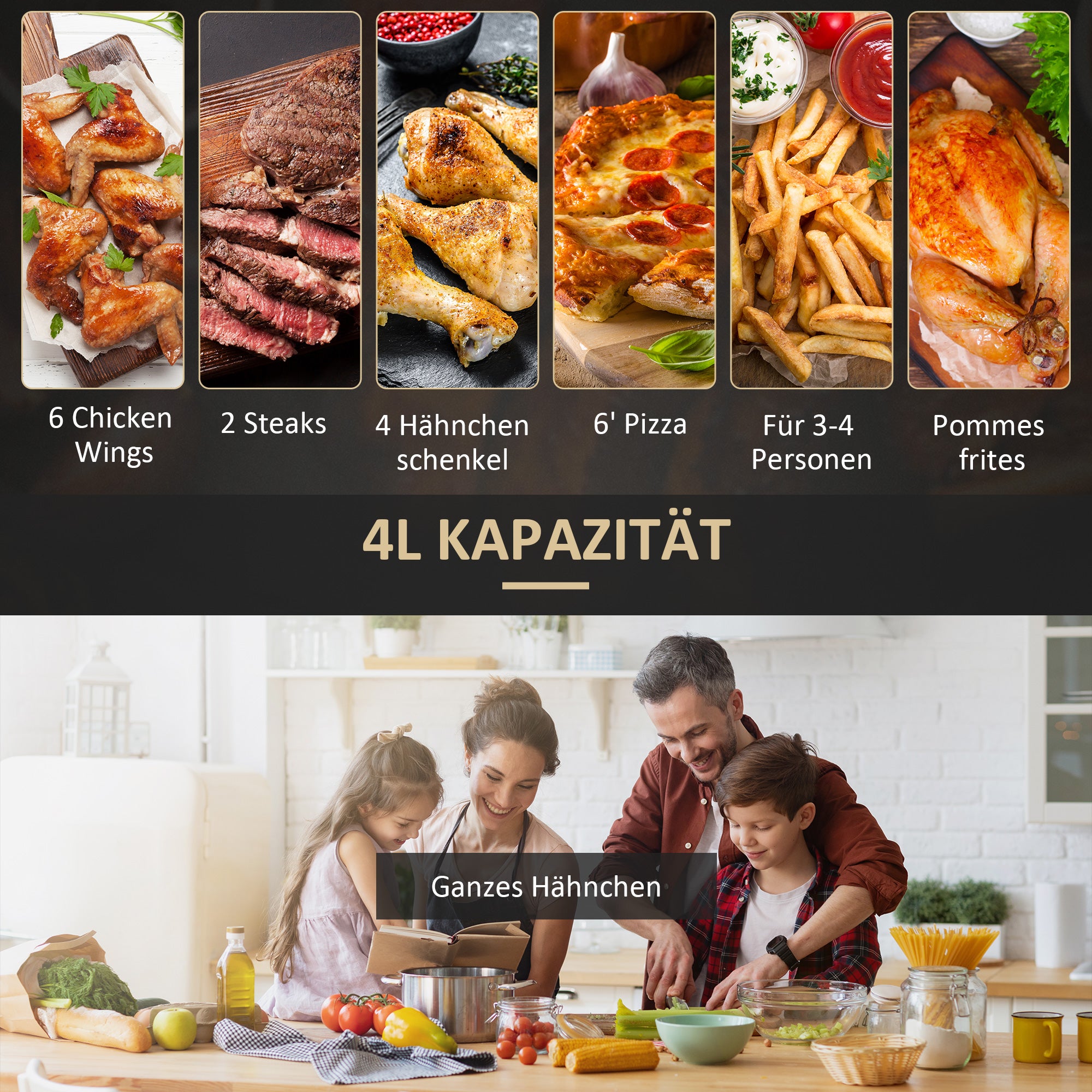 HOMCOM Heißluftfritteuse 4L, 12 Programme, 80-200° C Temperatur, Antihaftbeschichtung, Schwarz
