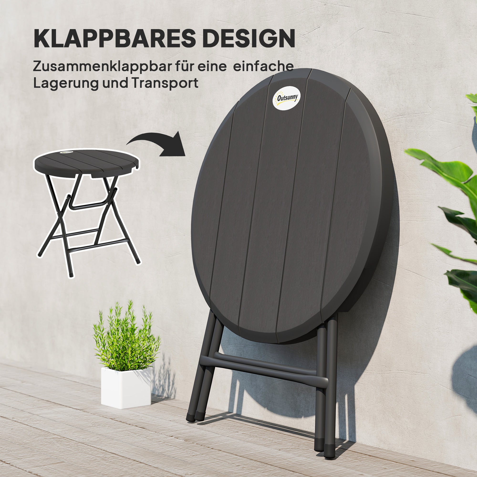 Outsunny Gartentisch, rund, klappbar, für 4 Personen, Holzoptik, Stahl+Kunststoff, dunkelgrau, 80 x 80 x 73 cm
