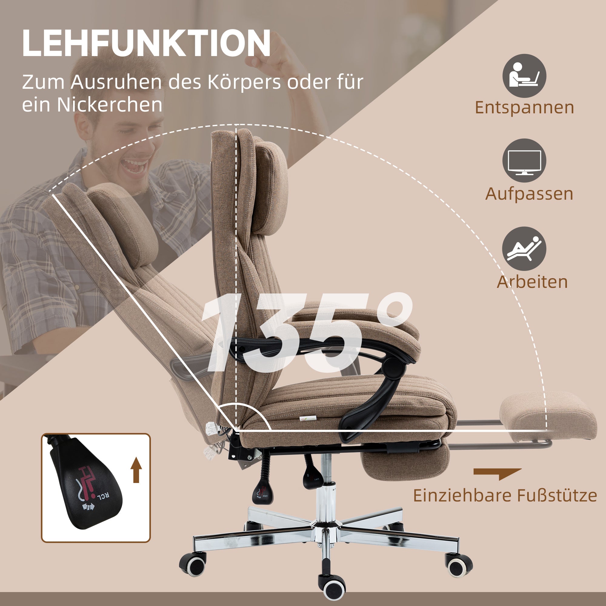 Vinsetto Bürostuhl mit Massagefunktion, neigbare Rücklehne, ausziehbare Fußstütze, Leinenoptik, 65 x 61 x 113 cm, Braun