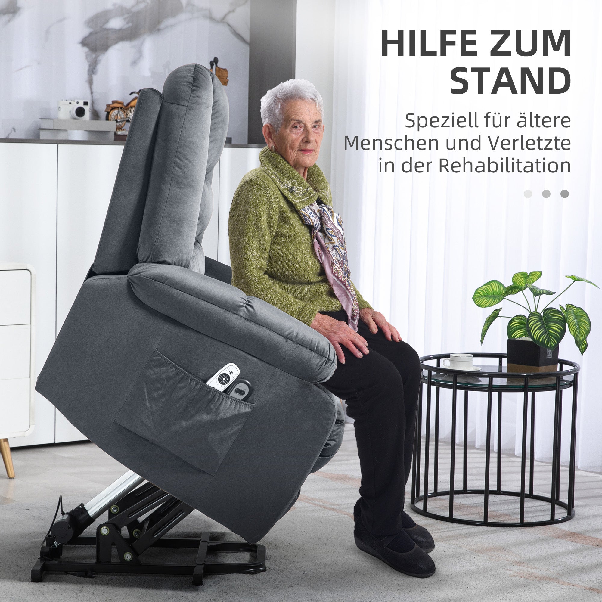 HOMCOM Massagesessel Aufstehhilfe Seniorensessel Relaxsessel, 8 Massagepunkte, 2 Seitentaschen, 85 cm x 94 cm x 107cm, Grau