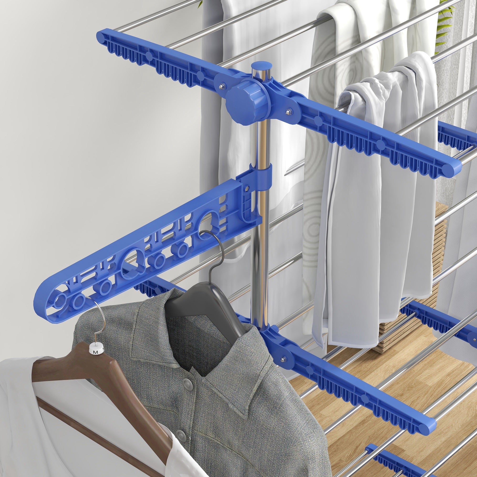 HOMCOM Wäschenständer Wäschetrockner 5 Ebenen, klappbar, One-Klick-System, 142 cm x 55 cm x1 72 cm, Blau + Silber