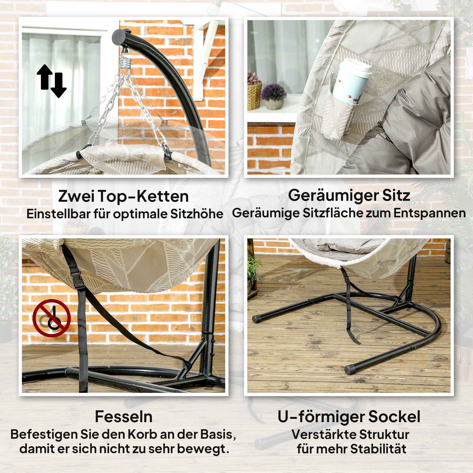 Outsunny Eiförmiger Hängekorb, Hängesessel mit Schaukelfunktion und faltbarem Korb, Gartenstuhl, Becherhalter, Sandbraun