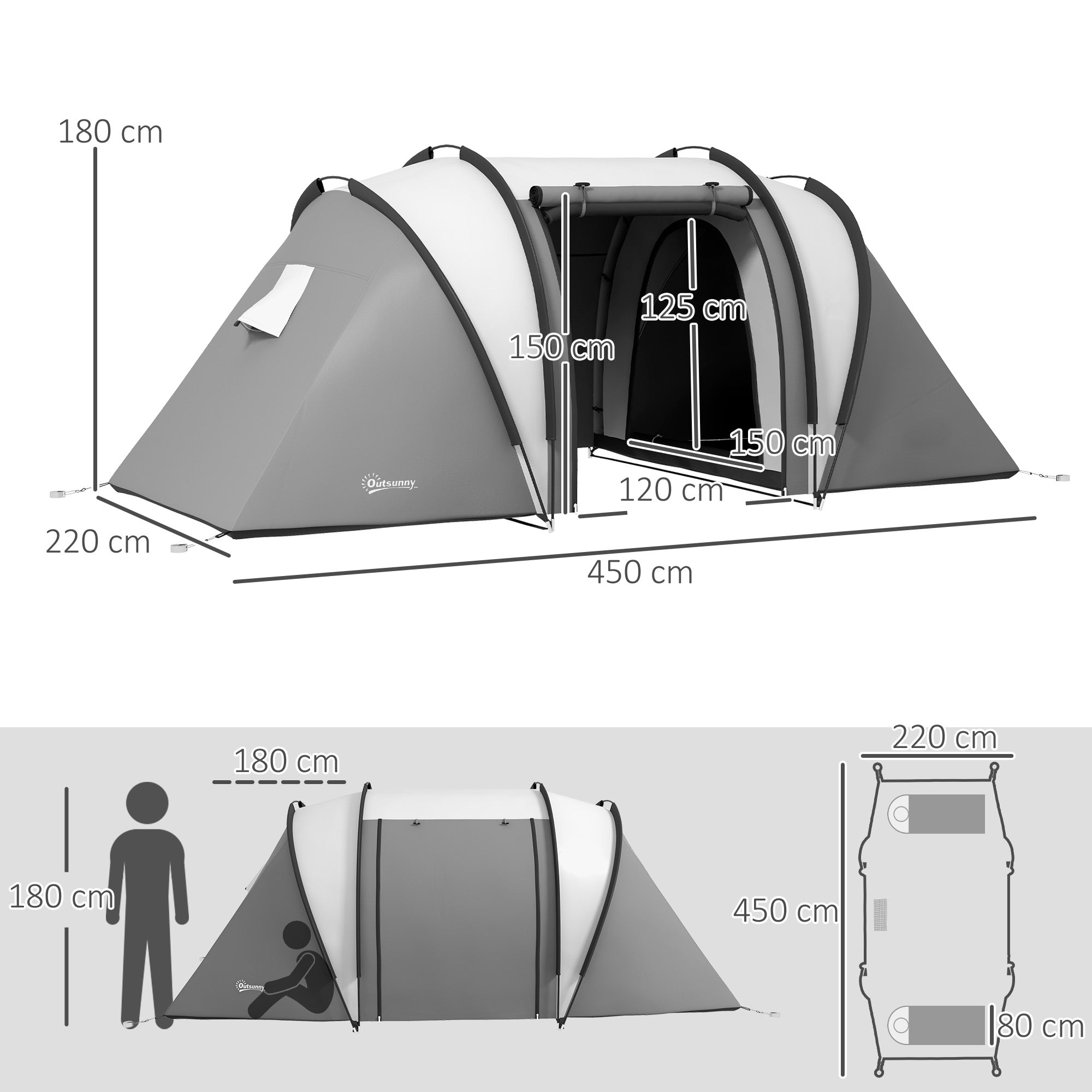 Outsunny Campingzelt für 4-5 Personen leicht wasserabweisend Familienzelt mit 3 Zimmer Seitentür Fenster Grau