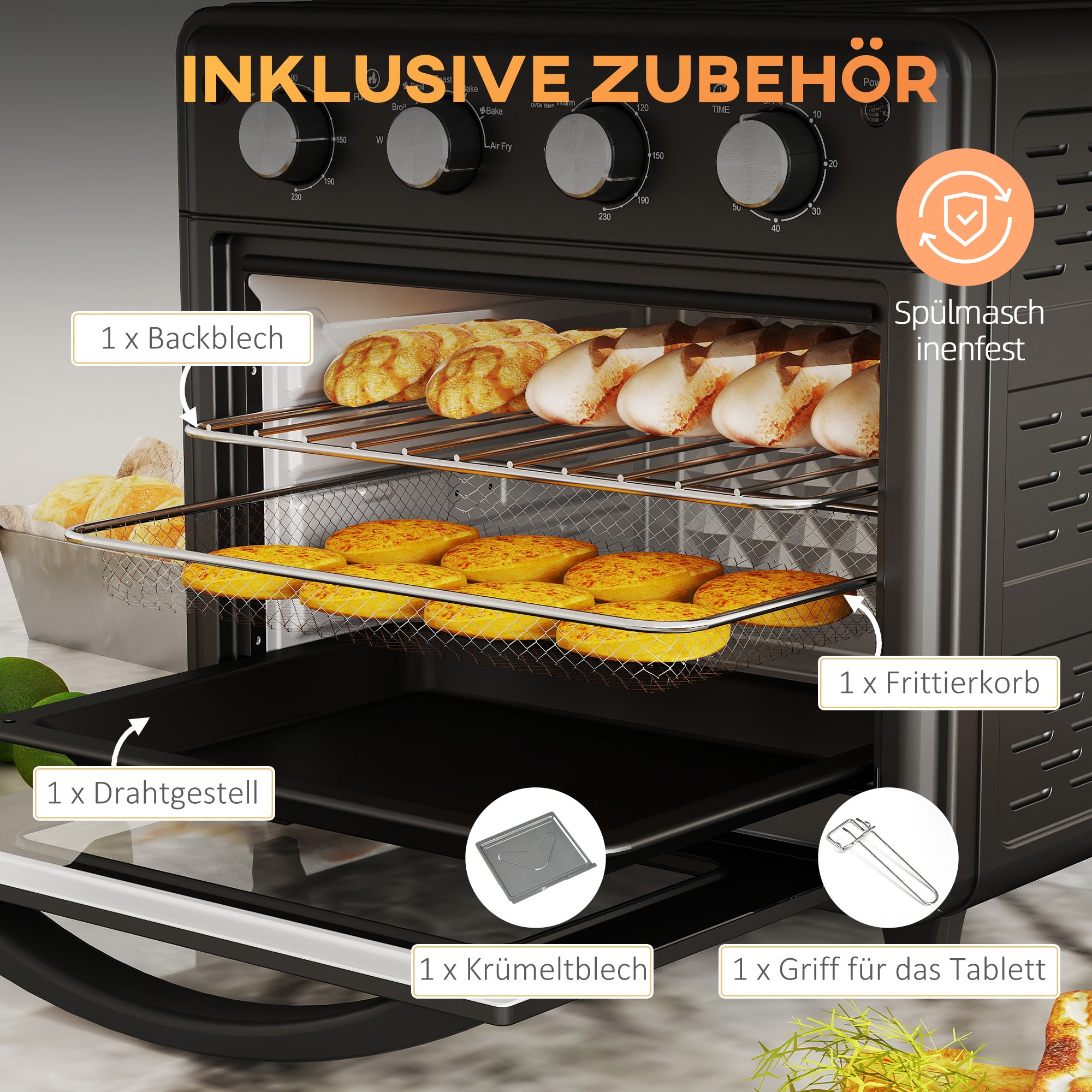 HOMCOM Minibackofen, Heißluftfritteuse, 90-230° C, 7 Programme, Zubehör, Schwarz