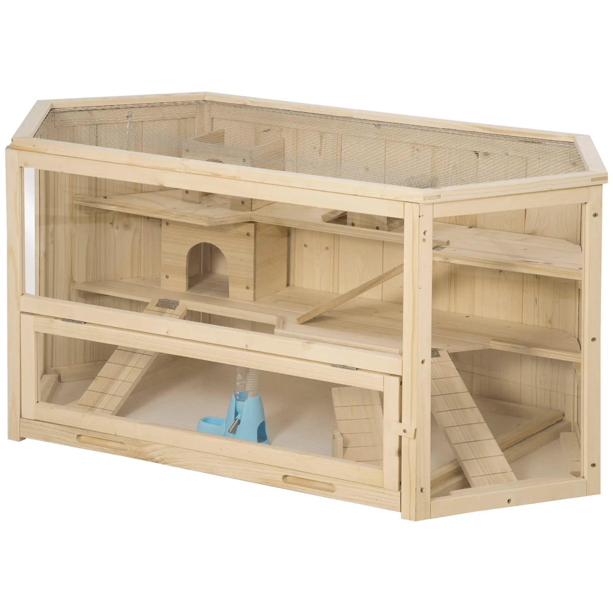 PawHut Kleintierkäfig, Nagerkäfig, Nagerheim mit  1 Rampe, 1 Wippe, herausnehmbare Bodenwanne, Tannenholz, Natur
