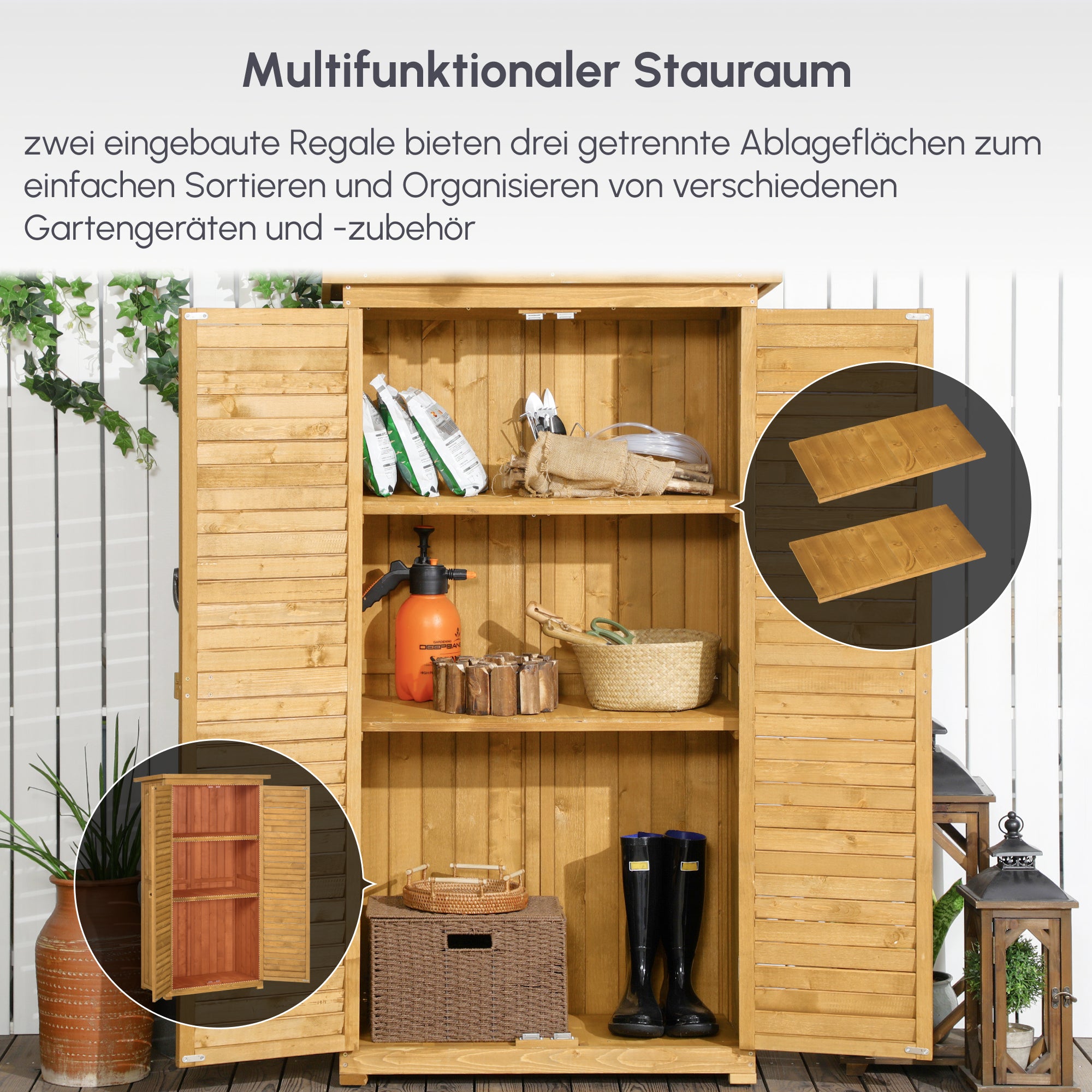 Outsunny Geräteschuppen mit Lamellentüren 3 Regale wetterbeständig 87 cm x 46,5 cm x 160 cm Tannenholz Braun
