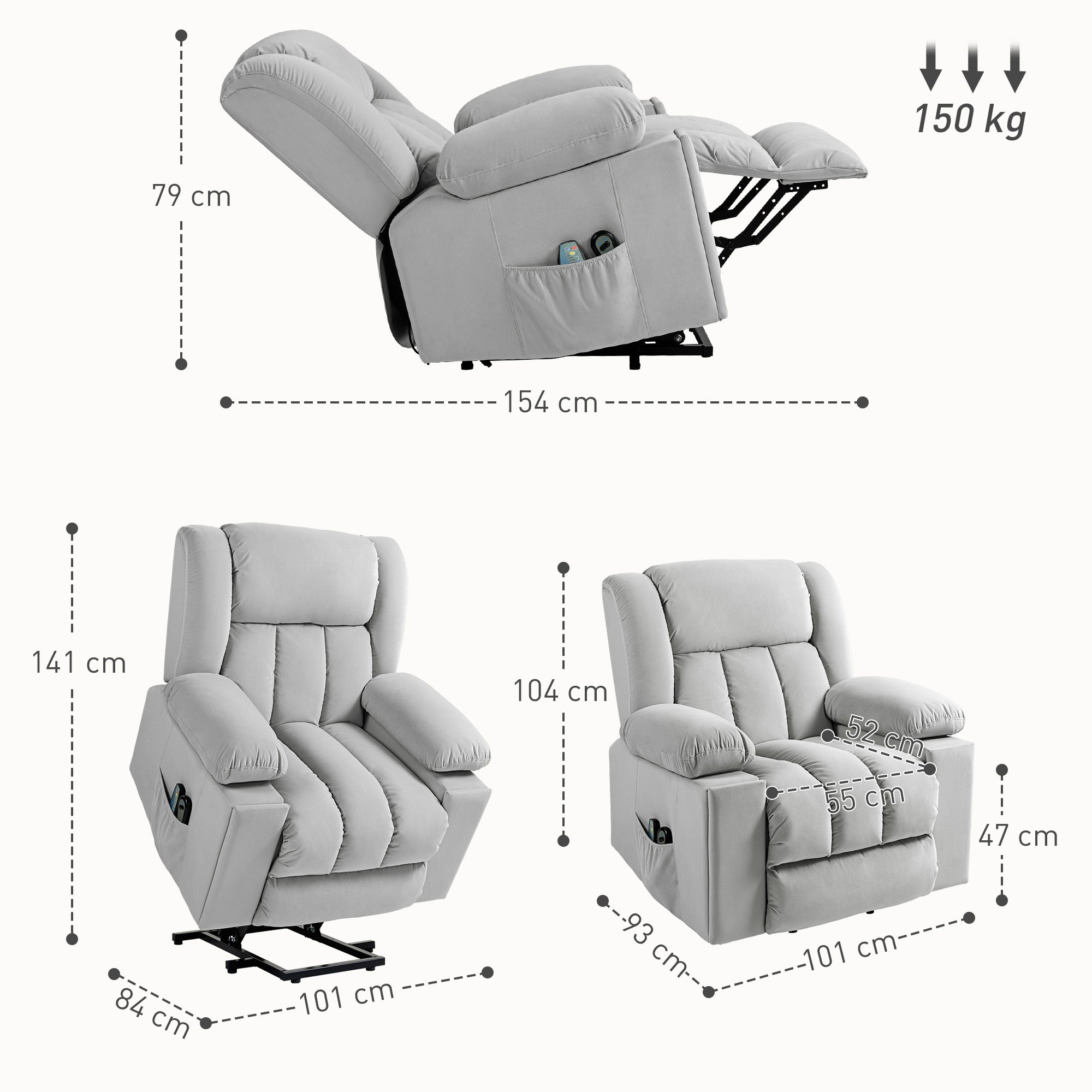 HOMCOM Elektrischer Aufsteh-Sessel, Weicher, samtartiger Stoff, USB-Anschlüsse