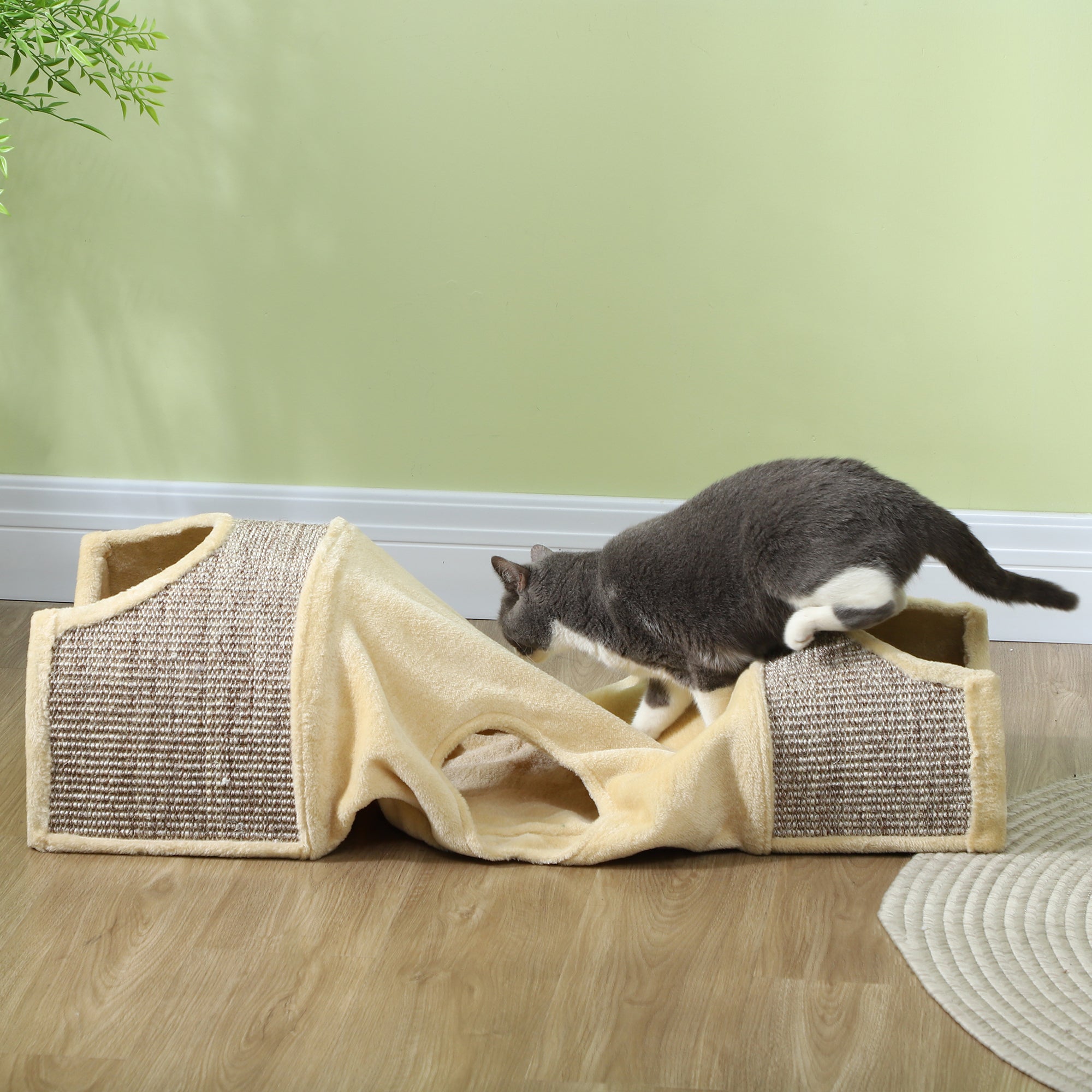 PawHut Katzentunnel mit 3 Öffnungen, plüschig, Sisal-Kratzseil, 107x38x29 cm, Beige/Grau