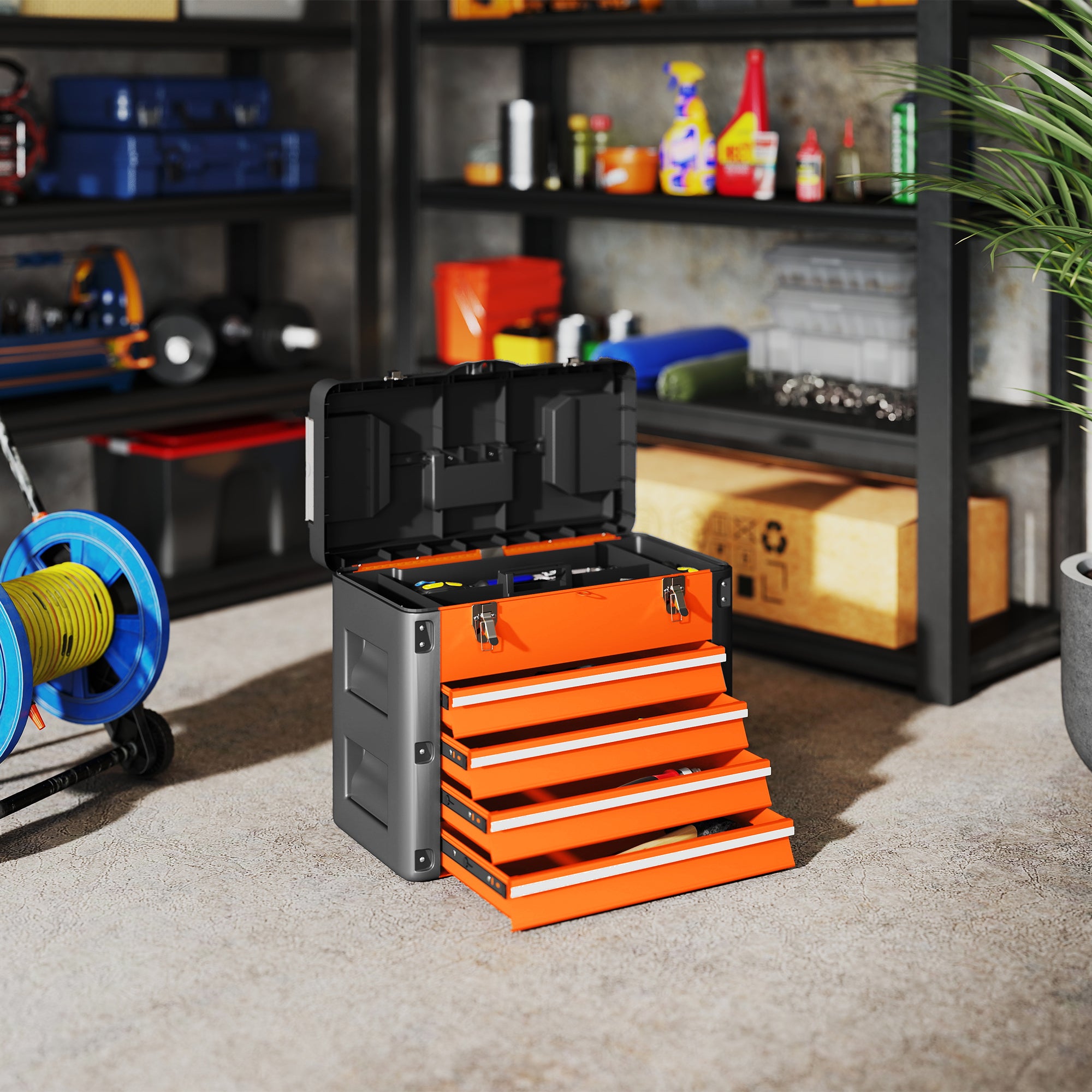 HOMCOM Werkzeugkiste leer, 49,7 x 25,3 x 40,7 cm Werkzeugkasten mit 4 Schubladen, Mini-Box Stahl Orange