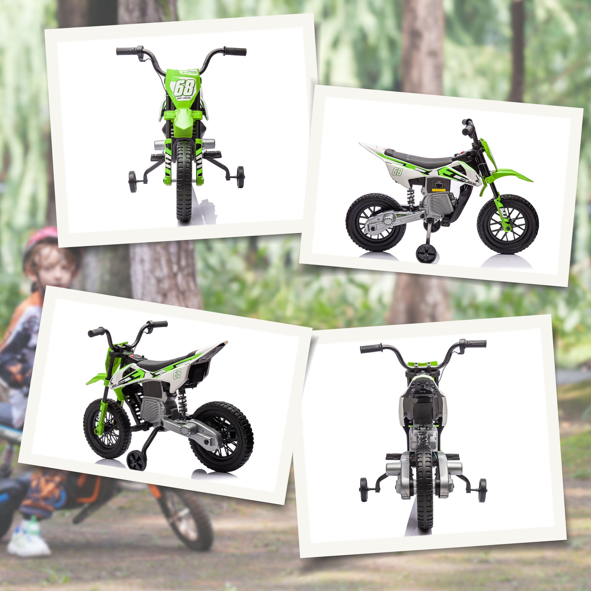 AIYAPLAY Elektro-Motorrad für Kinder, 12V Kindermotorrad mit Musik, Kinderfahrzeug mit Trainingsrädern, 3-6 Jahre, Grün