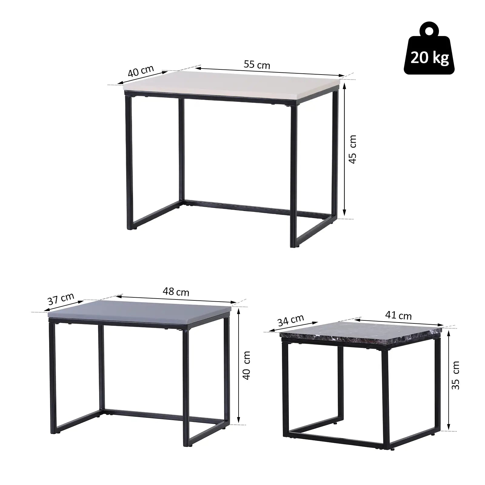 HOMCOM 3er Set Couchtisch Stapeltisch Beistelltisch Kaffeetisch Metallfuß MDF 3 Farben 55 x 40 x 45 cm/48 x 37 x 40 cm/41 x 34 x 35 cm