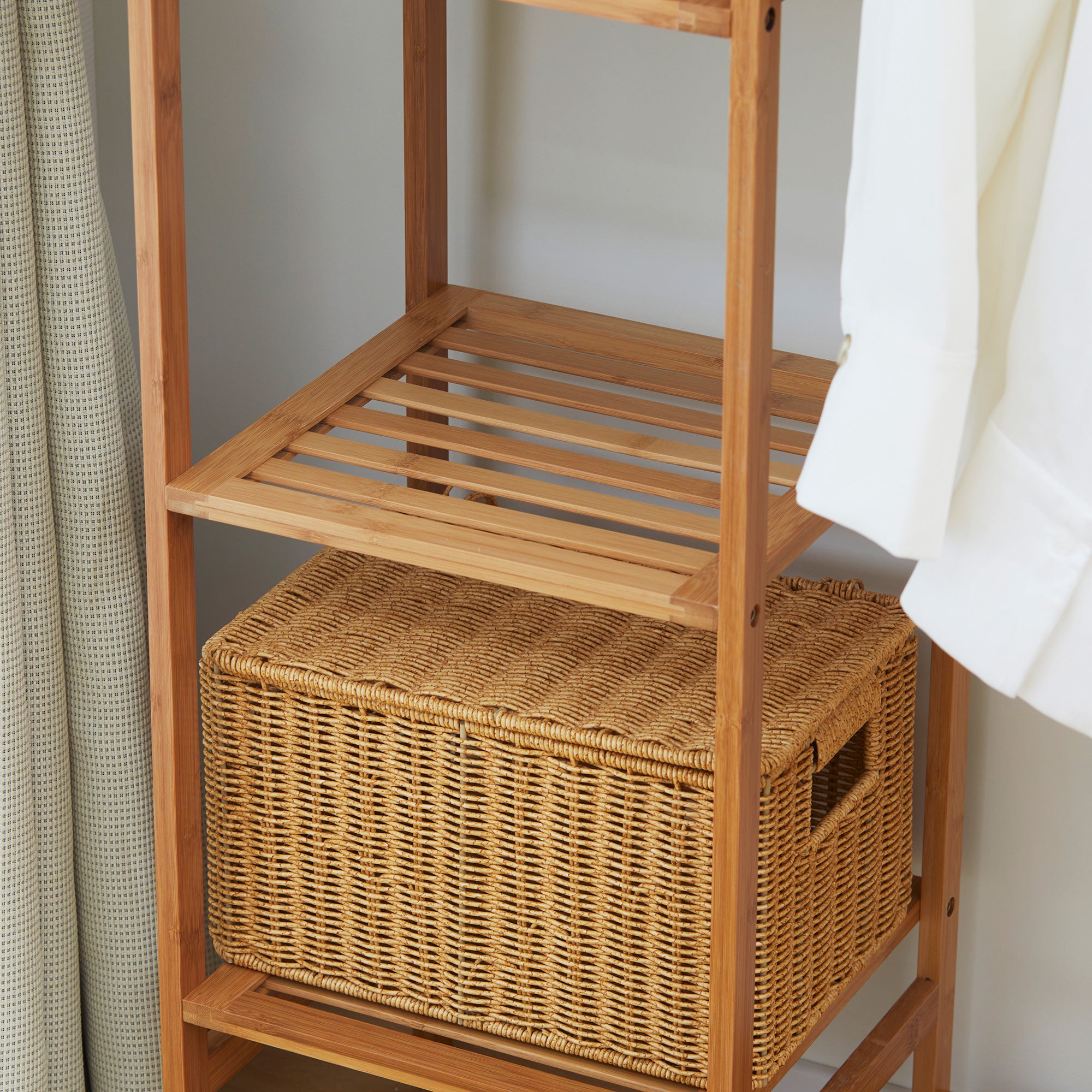 HOMCOM Kleiderständer Garderobenständer mit Kleiderstange, Schuhablag, Regal, Garderobe aus Bambus Naturholz