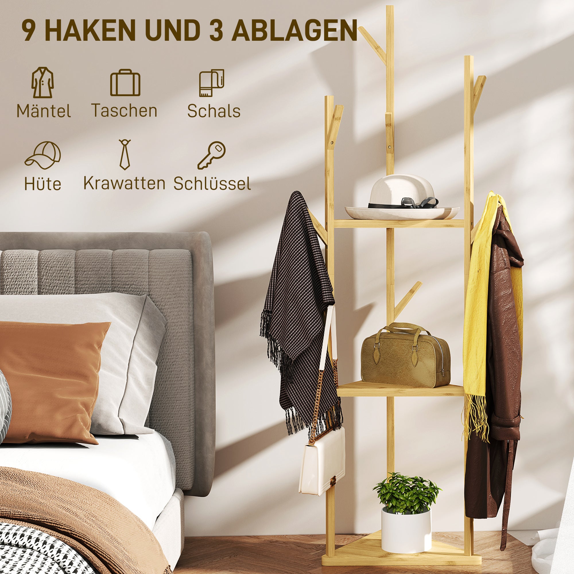 HOMCOM Kleiderständer, Garderobenständer aus Bambusholz, 9 Haken, 3 Ablagen, Natur