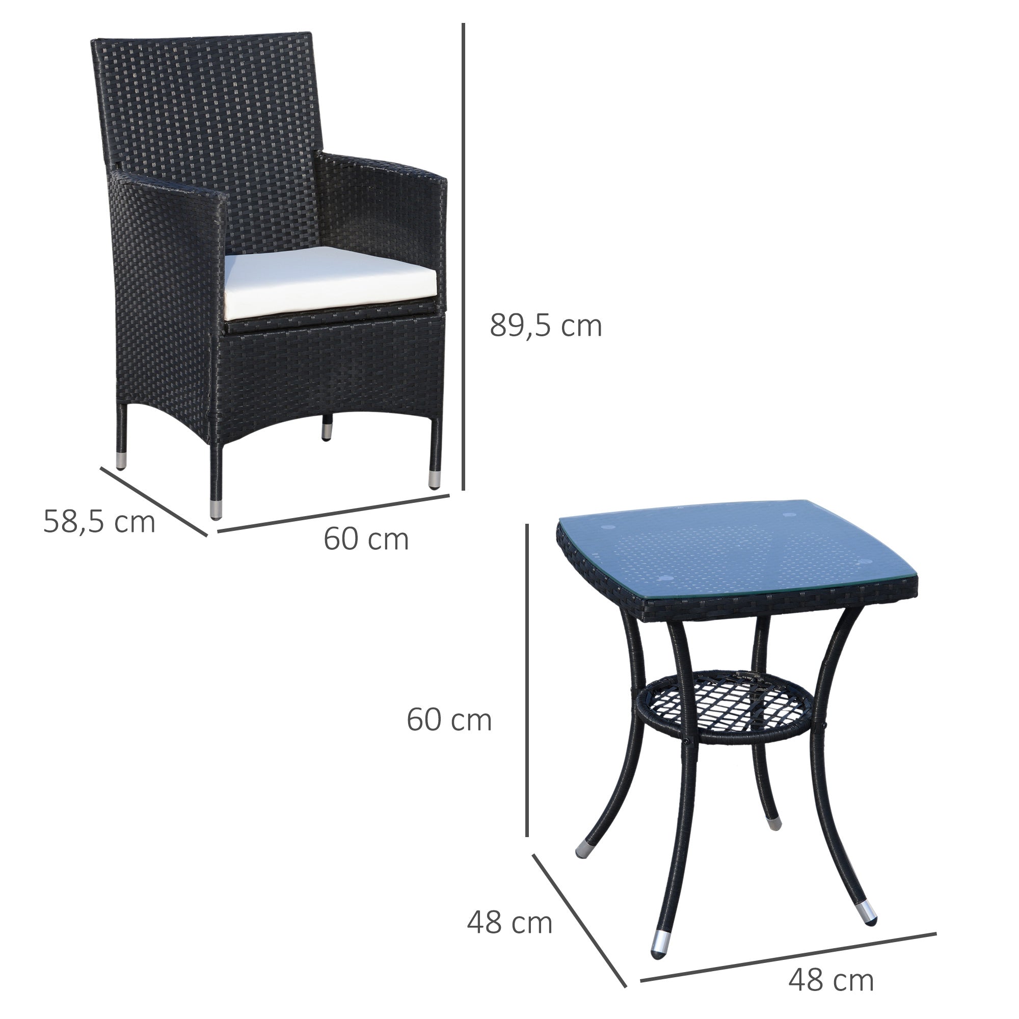 Outsunny Balkonmöbel Set für 2 Personen Sitzgruppe Rattan Gartenset Polyrattan Schwarz