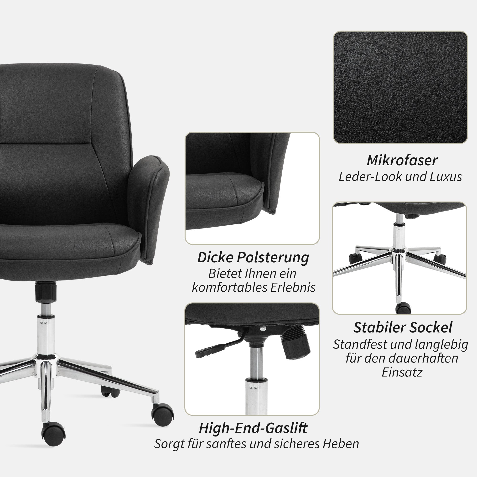 Vinsetto Bürostuhl, höhenverstellbar, atmungsaktiver Bezug, Wippfunktion, bis 120 kg, Schwarz