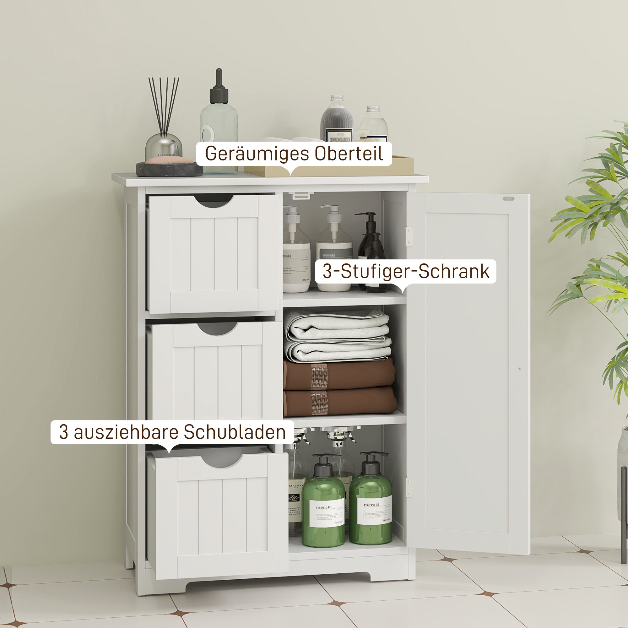 HOMCOM Badezimmerschrank, Badkommode, 3 Schubladen, Regal, MDF, Weiß