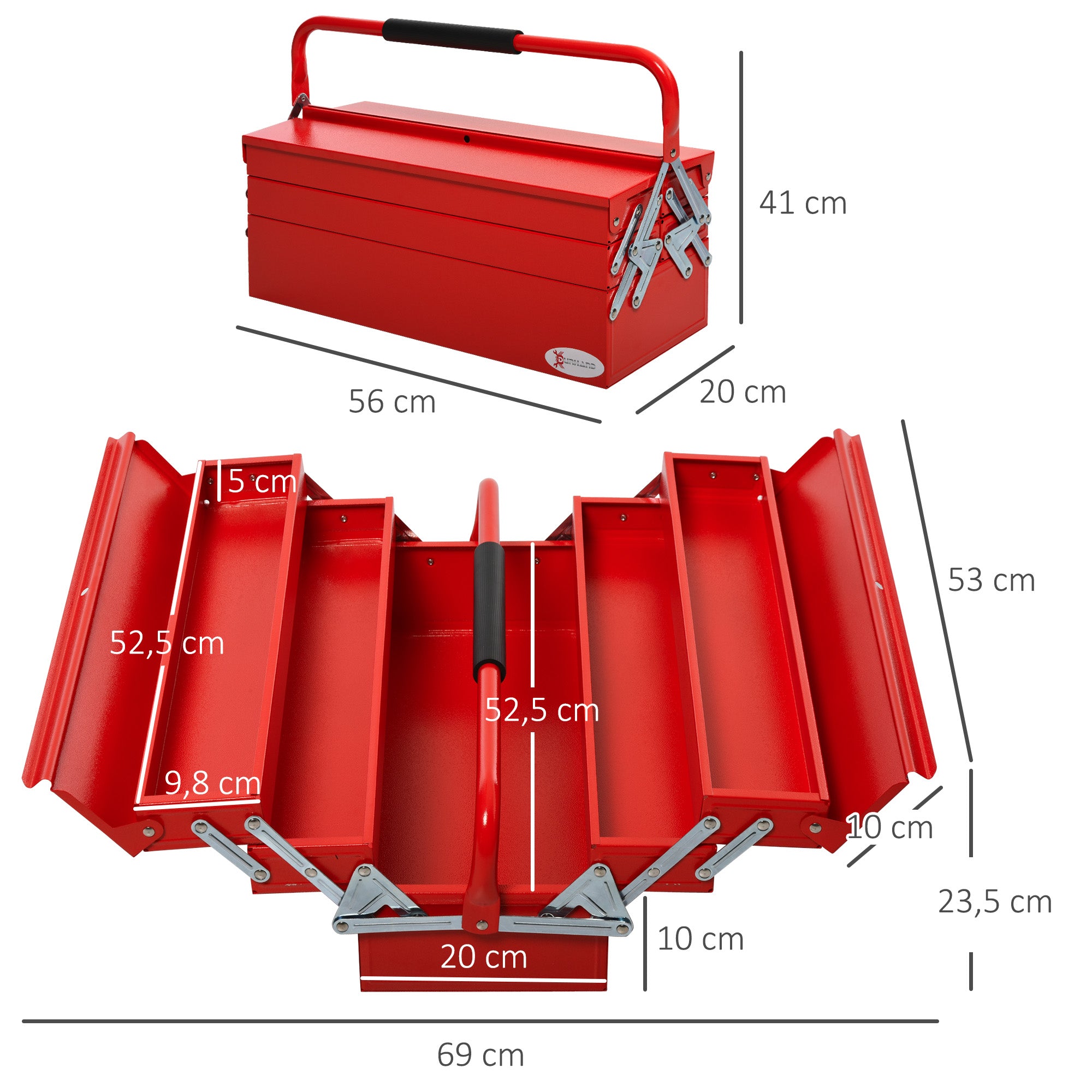 DURHAND Werkzeugkoffer Werkzeugkiste 5 Fächer aufklappbar Stahl (SPCC) Rot 56 x 20 x 41 cm