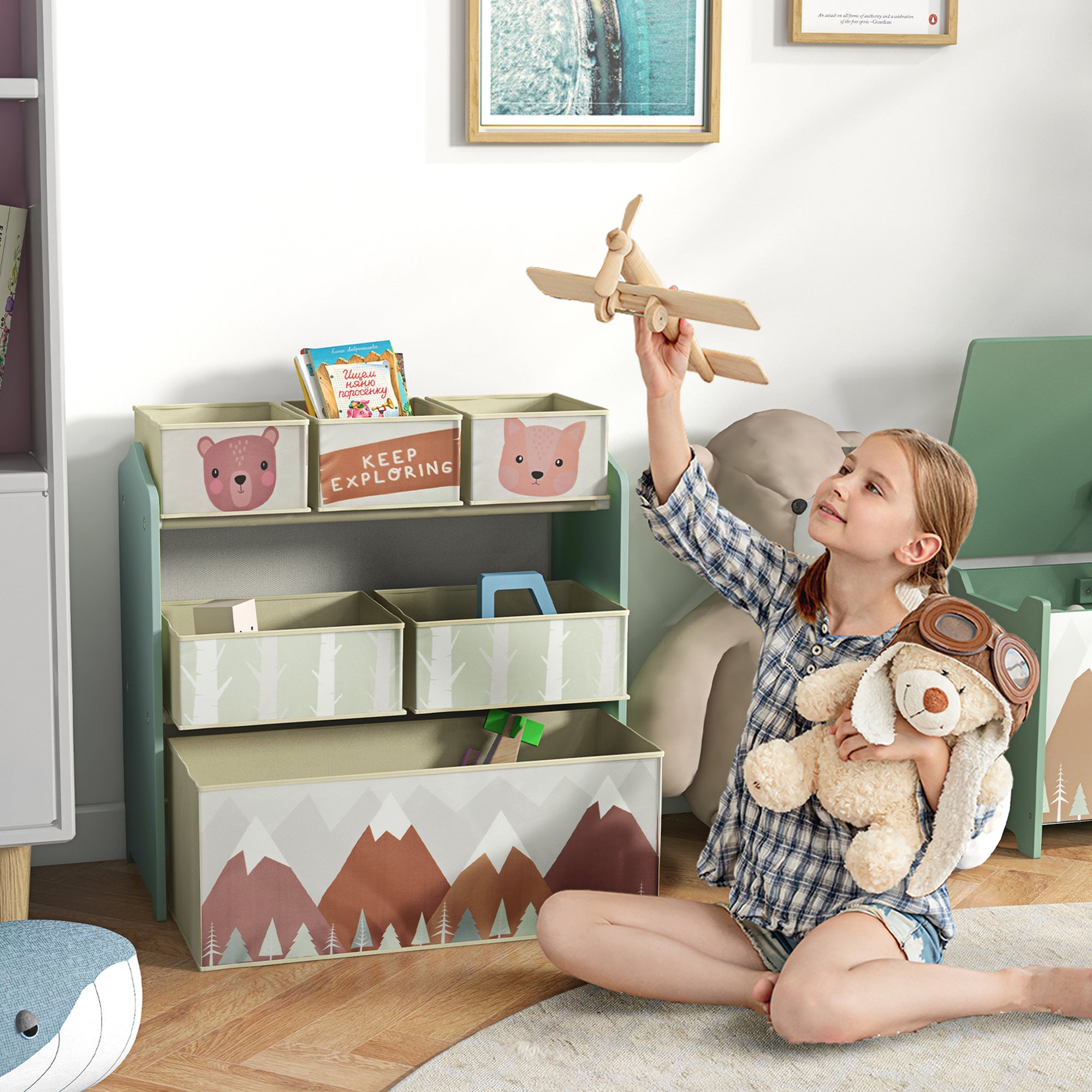 ZONEKIZ Kinderschrank mit 6 Stoffboxen, niedliches Motiv, 63x30x66 cm, Grün