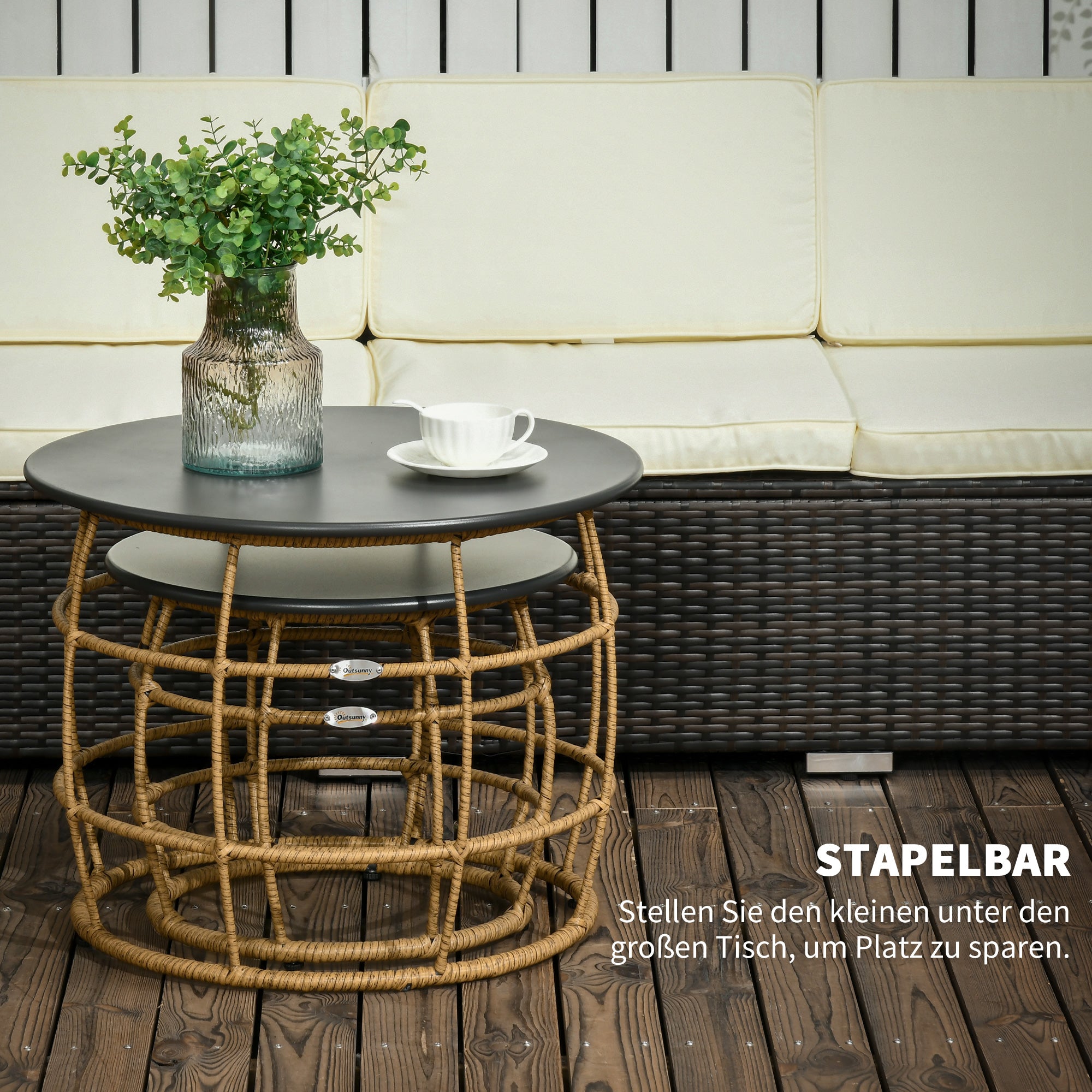 Outsunny 2er-Set Gartentische im Boho-Stil, wetterbeständig, stapelbar, 60 cm x 60 cm x 47 cm, Natur + dunkelgrau