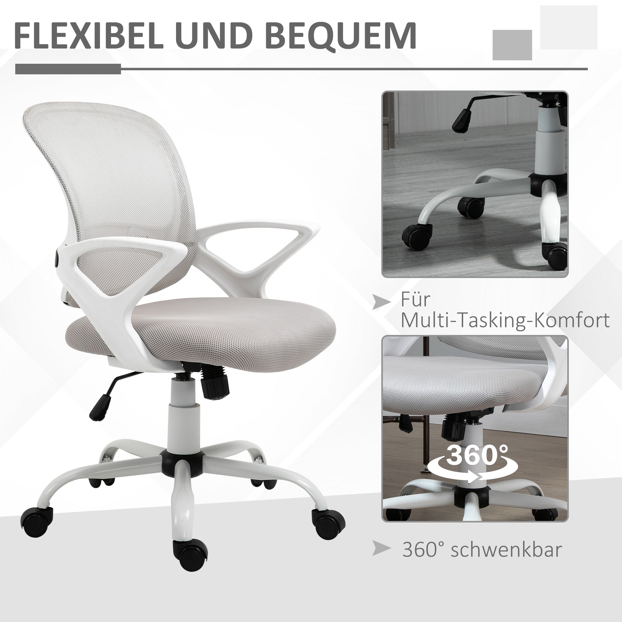 Vinsetto Bürostuhl, Schreibtischstuhl mit Rollen, ergonomisch, höhenverstellbar, Grau