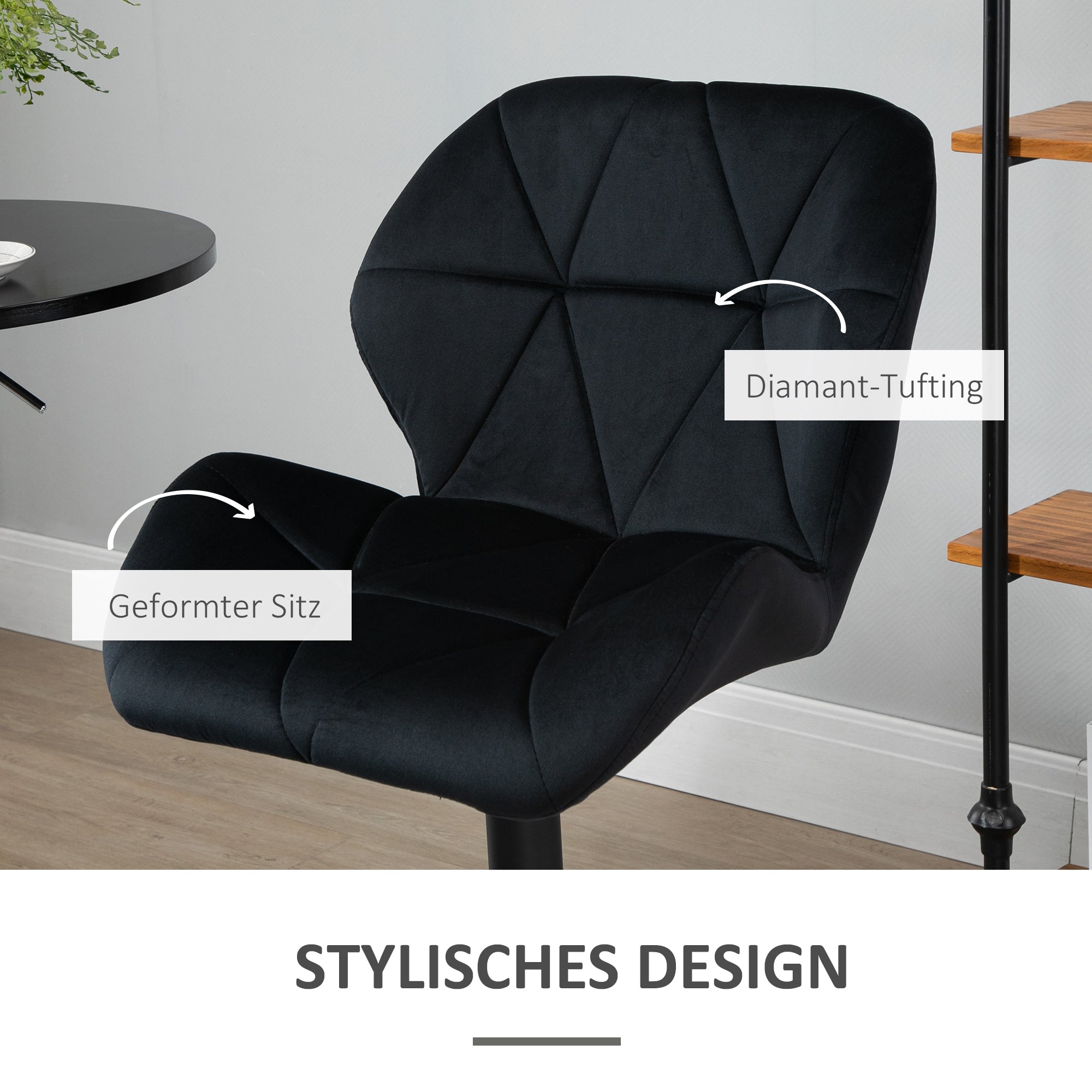 HOMCOM 2er-Set Barhocker drehbare Barstühle mit Lehne höhenverstellbarer Bistrohocker Tresenhocker Samt Touch armloser Schaumstoff Schwarz 51,5x 57,5 x 93-114,5 cm