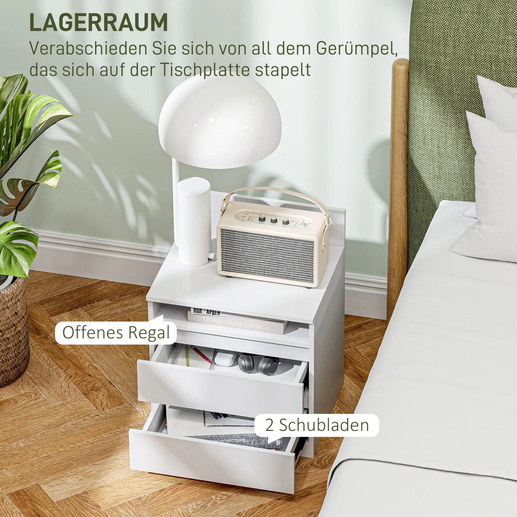 HOMCOM Nachttisch im 2er-Set mit Schubladen und Ablage, moderner Beistelltisch, für Schlafzimmer, Weiß