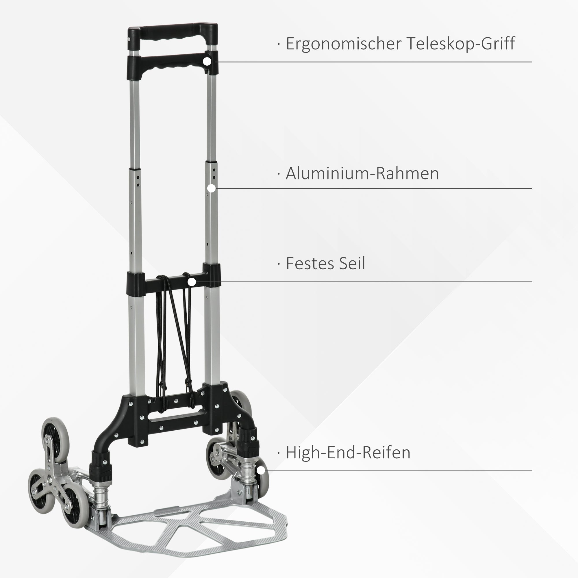 DURHAND Klappbarer Treppensteiger mit 6 Rädern, inkl. Befestigungsgurt, automatische Klappfunktion, Silber + Schwarz