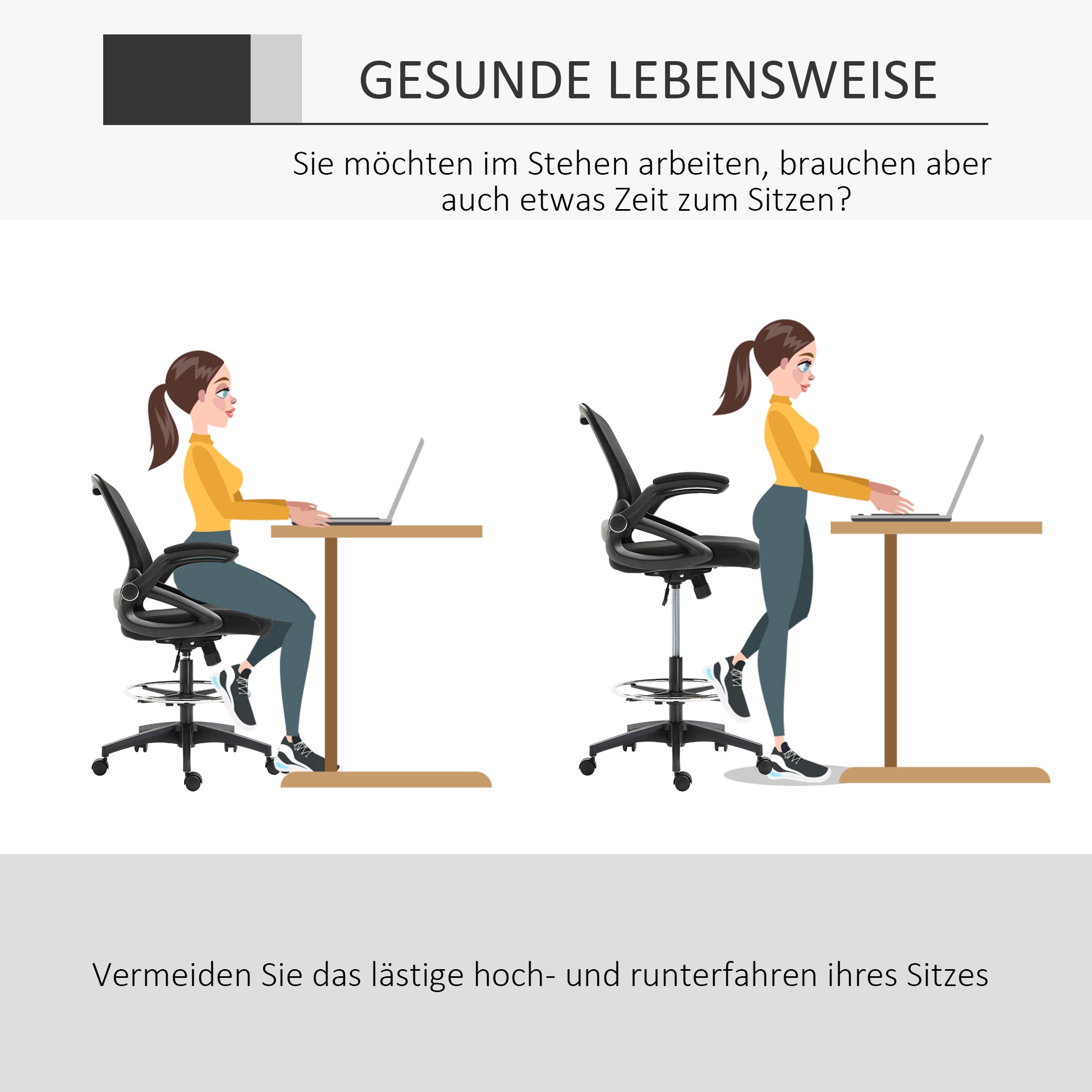 Vinsetto Bürosessel, Schreibtischstuhl, Stehfunktion, mit Fußablage, drehbarer Sitz, Stahl, schwarz, 64 x 60 x 106-126cm