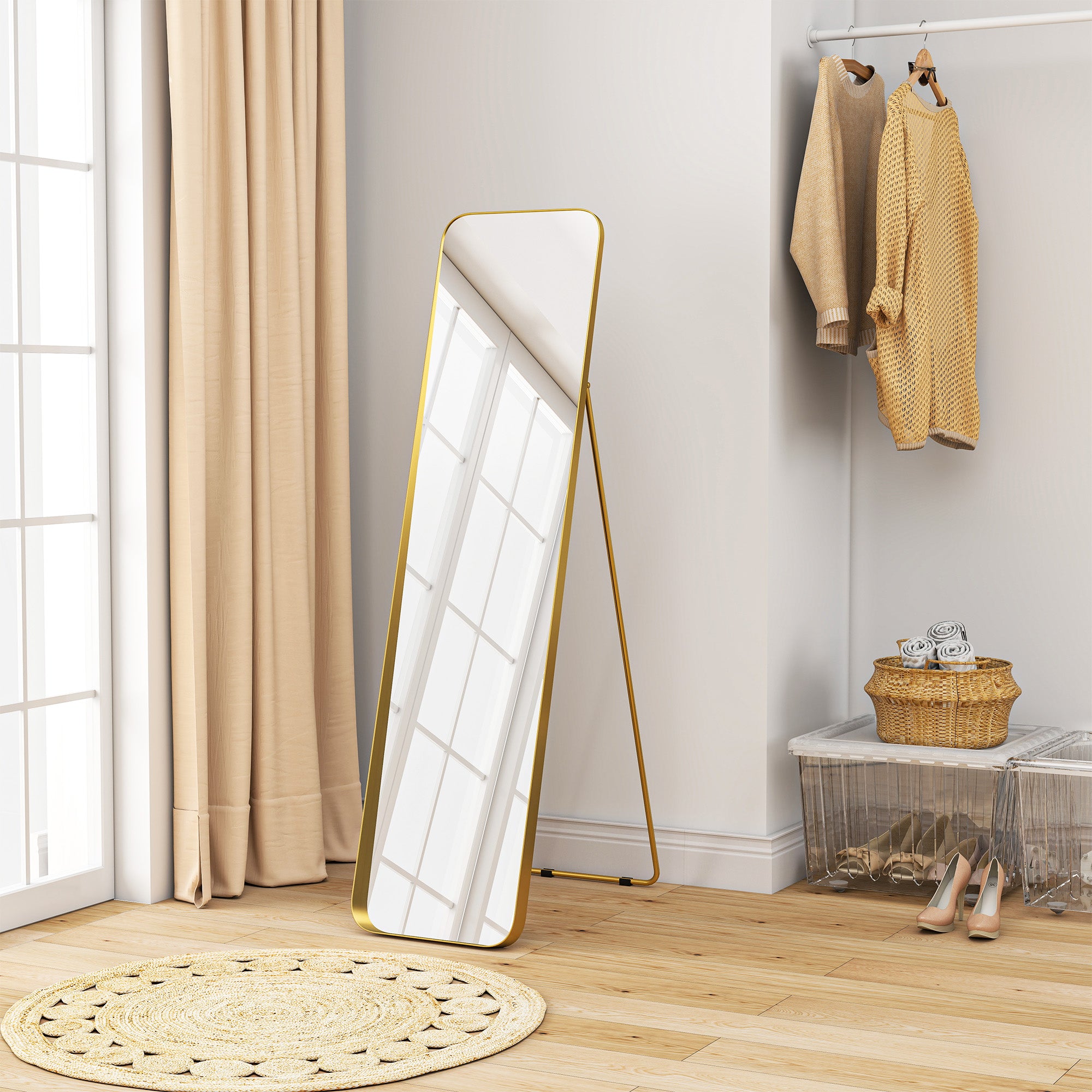 HOMCOM Ganzkörperspiegel, freistehend, neigbar, Metallrahmen, MDF, 160 x 40 cm, Goldfarben