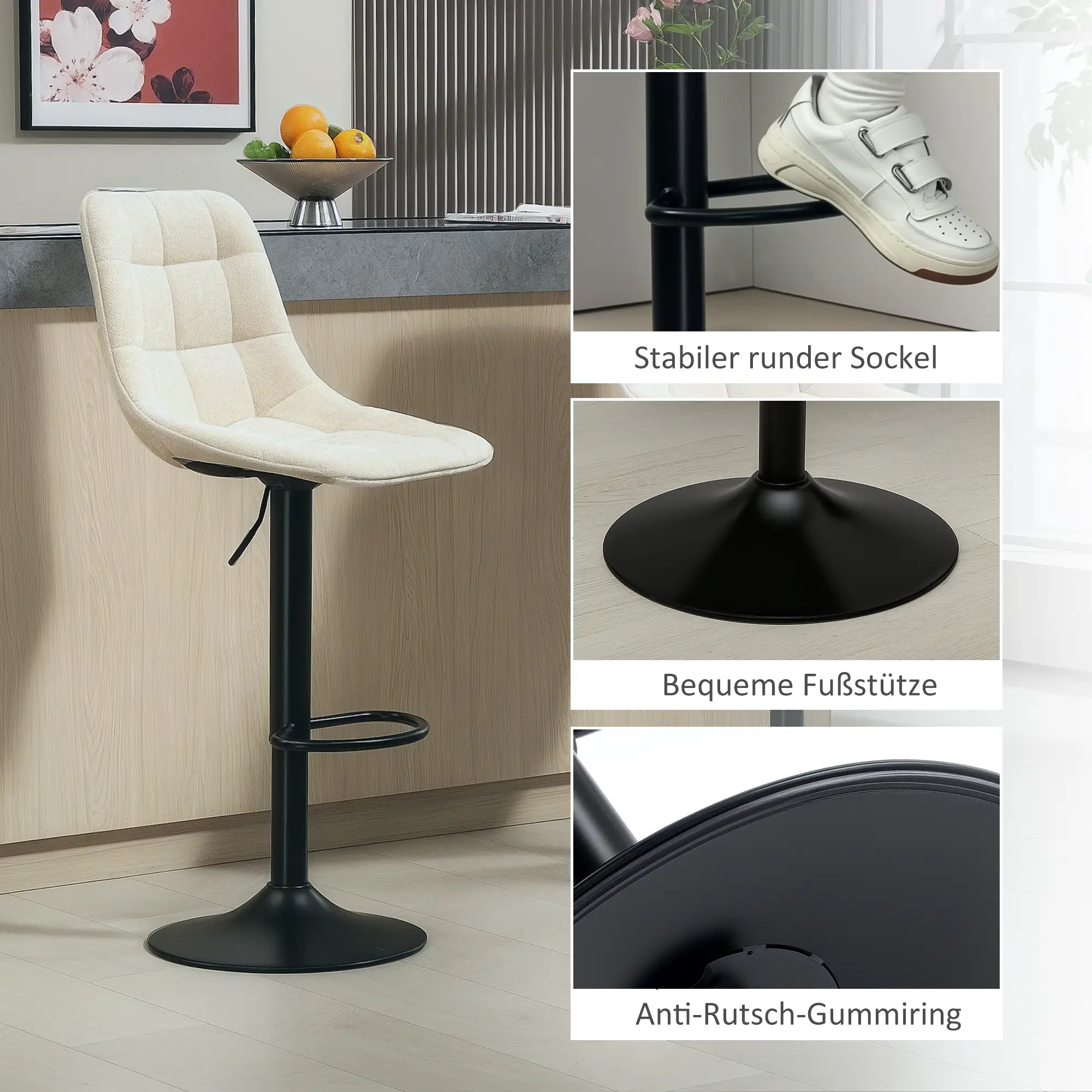 HOMCOM Moderner Barhocker, 2er-Set drehbare Barstühle mit Rückenlehne, höhenverstellbar, mit Fußstütze, gepolstert, Beige