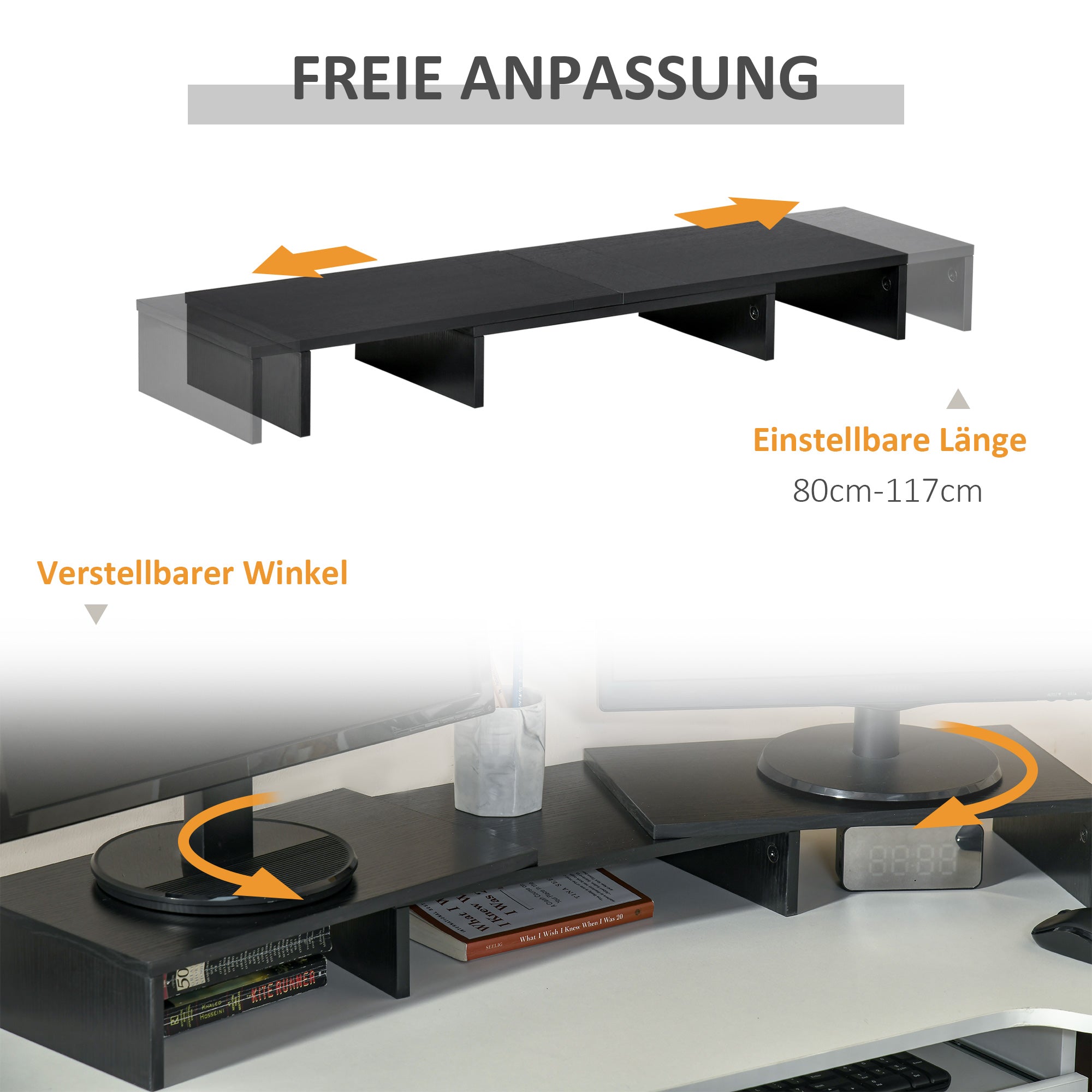 Vinsetto Monitorständer Monitor Stand Dual Bildschirmerhöhung Verstellbare Länge und Schwenkwinkel Bildschirmständer für PC Notebook Laptop Drucker 80-117 x 23,5 x 10 cm Schwarz
