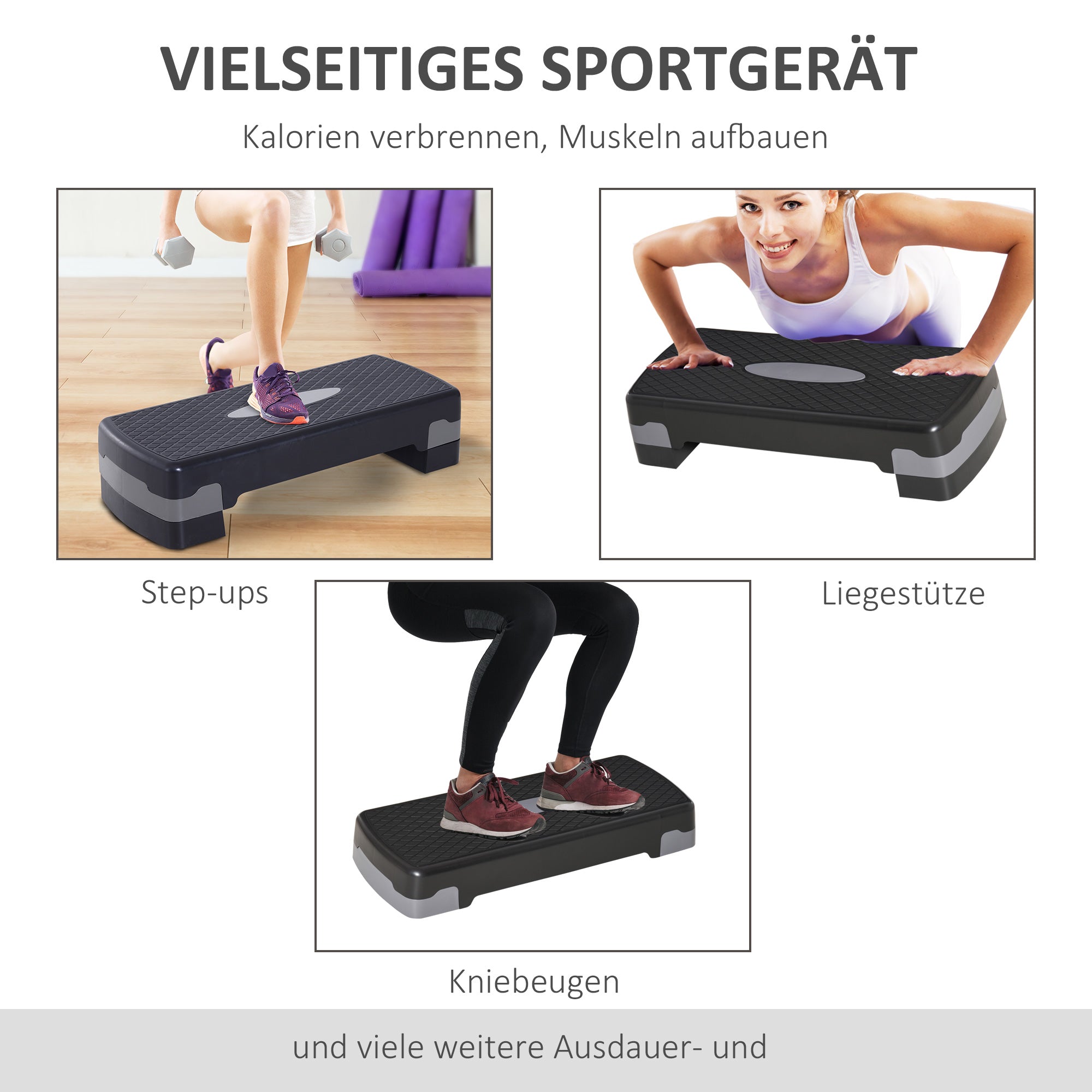 HOMCOM Steppbrett Aerobic Fitness Heimtrainer Stepper 2-stufig höhenverstellbar(10/15 cm) geeignet für den Heim und Bürogebrauch Schwarz+Grau 68 x 29 x 15 cm