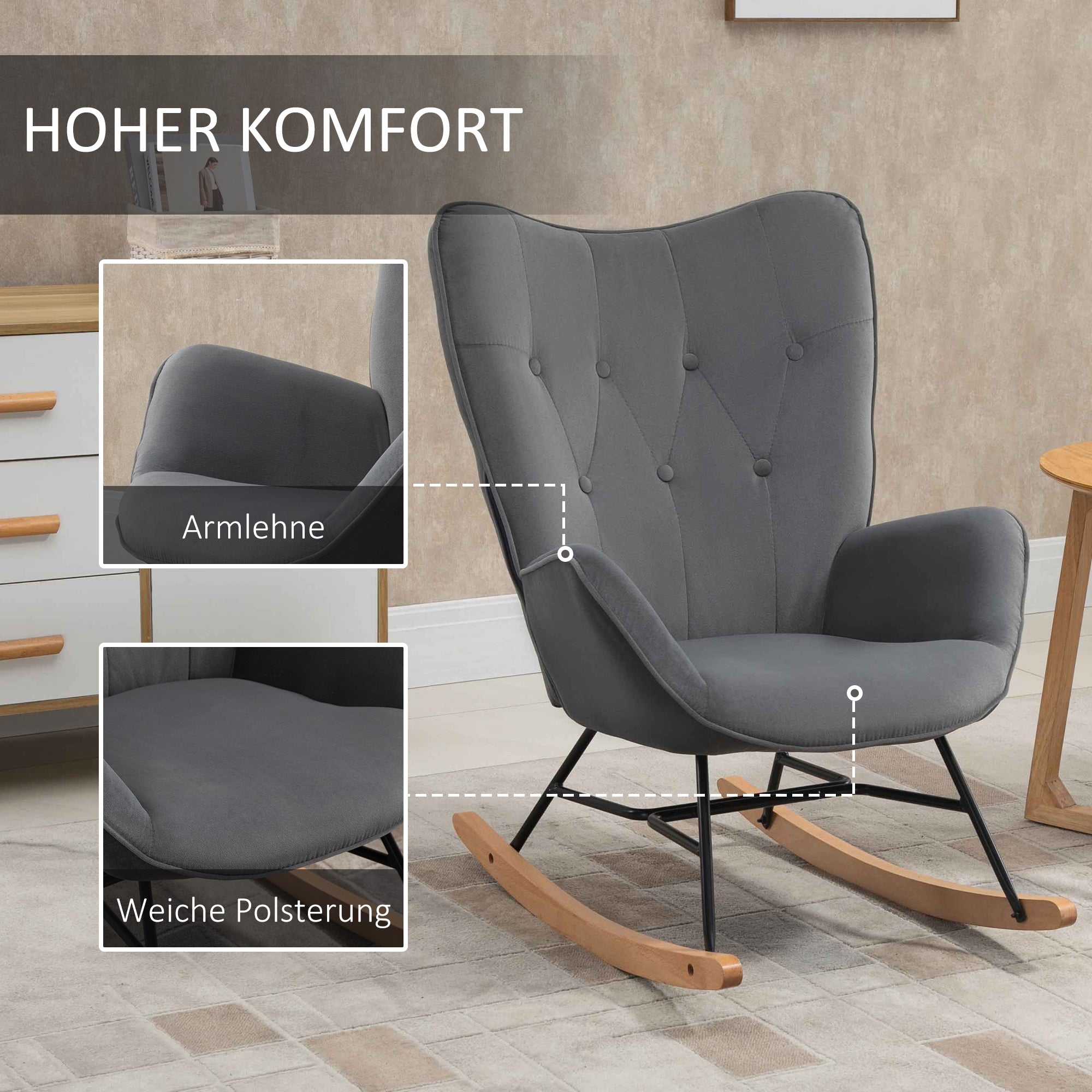 HOMCOM Schaukelstuhl mit Steppung, Holzkufen, Samtoptik, bis 150 kg, Dunkelgrau