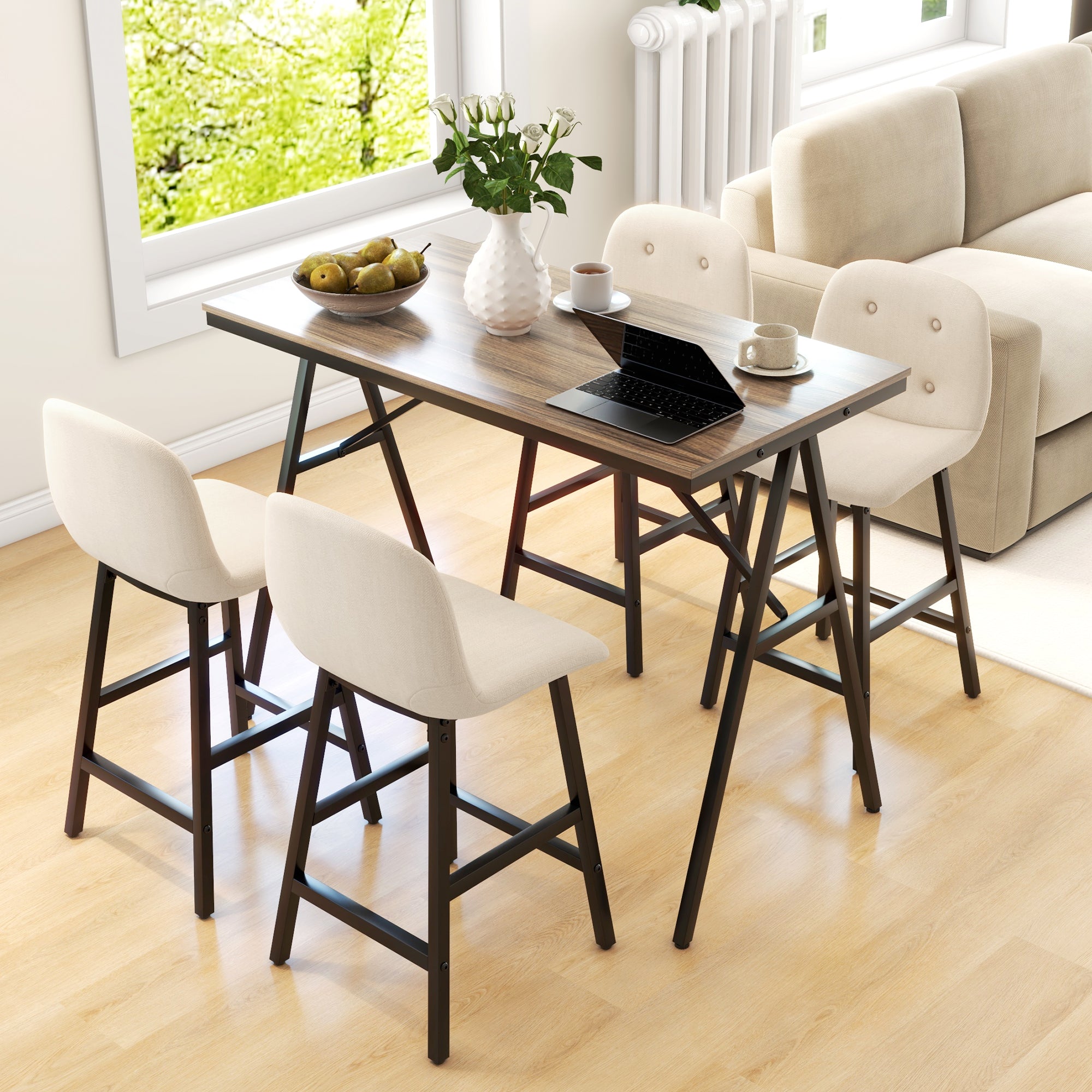 HOMCOM Bargarnitur 5-teilig, Tisch und 4 Stühle, Knopfheftung, dicke Polsterung, Leinenoptik, Beige