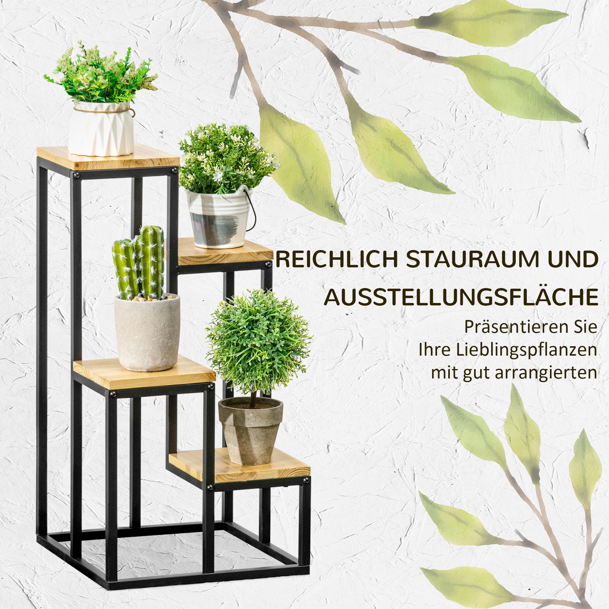 Outsunny Pflanzenständer im Industrie Design mit 4 Regalen, Blumentreppe, 34 cm x 34 cm x 66 cm, Natur + Schwarz