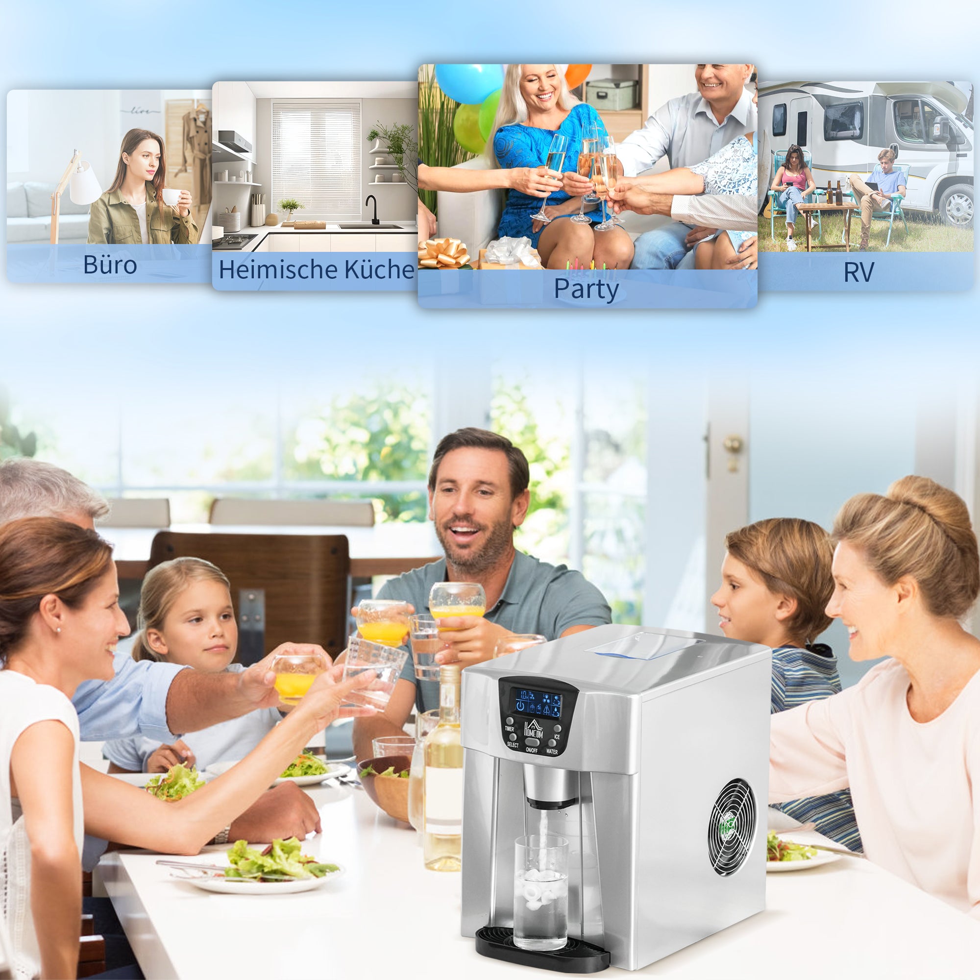 HOMCOM Eiswürfelmaschine Eiswürfelbereiter Ice-Maker, Timer-Funktion, 1,2 L Wassertank,  Silber